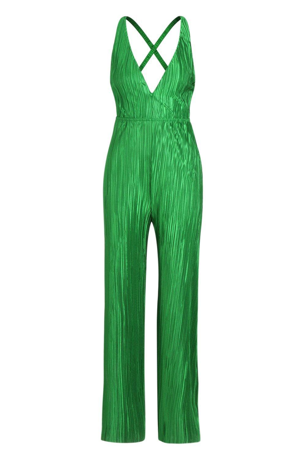 green plisse plunge strappy jumpsuit