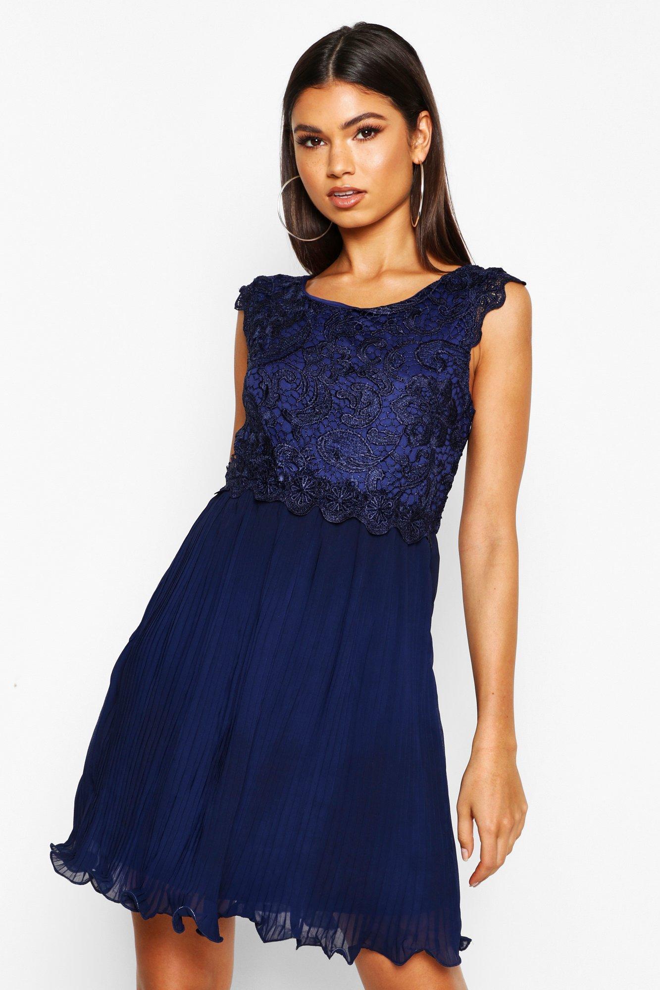  Boohoo  Boutique Corded Lace Pleated Skater Dress  in Navy 