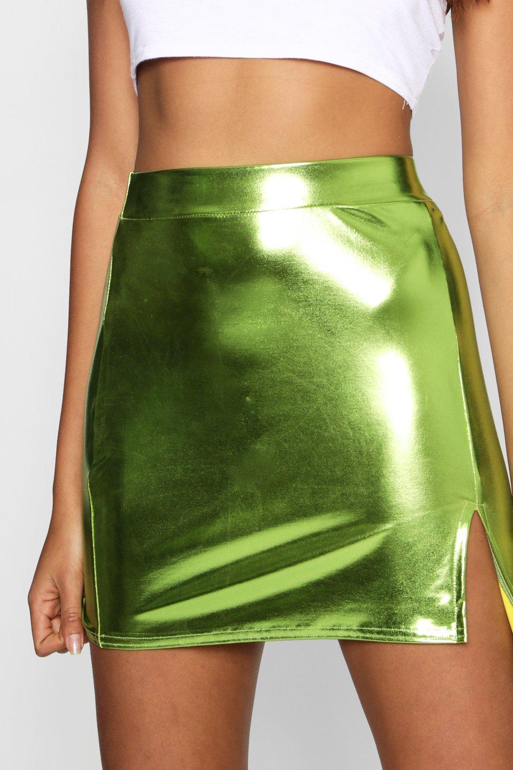 green mini skirt metallic