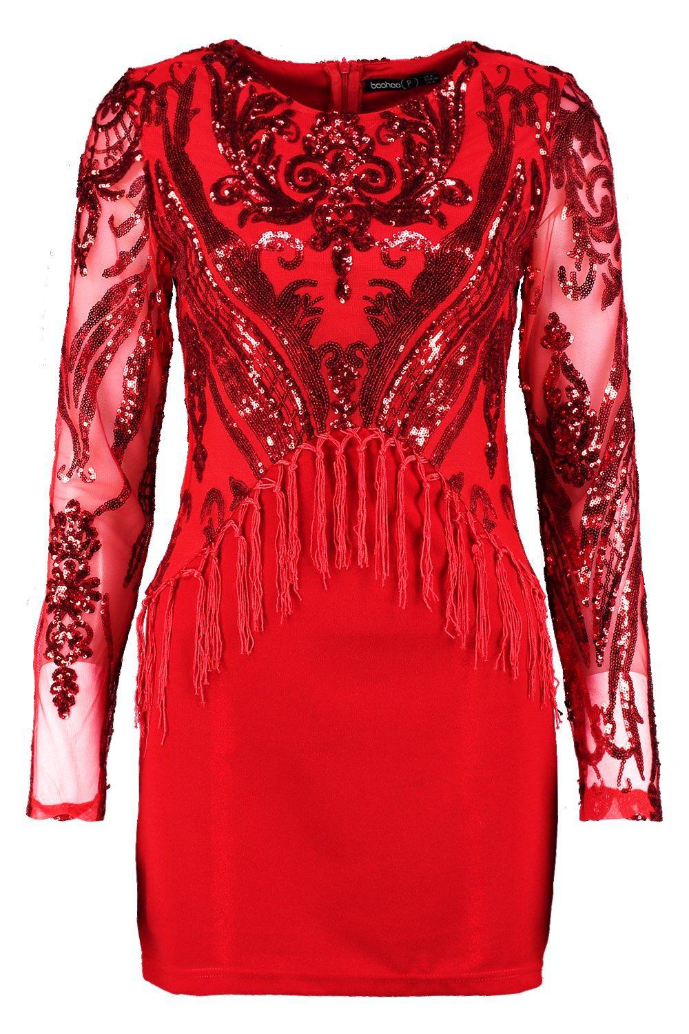 sequin tassel dress long sleeve