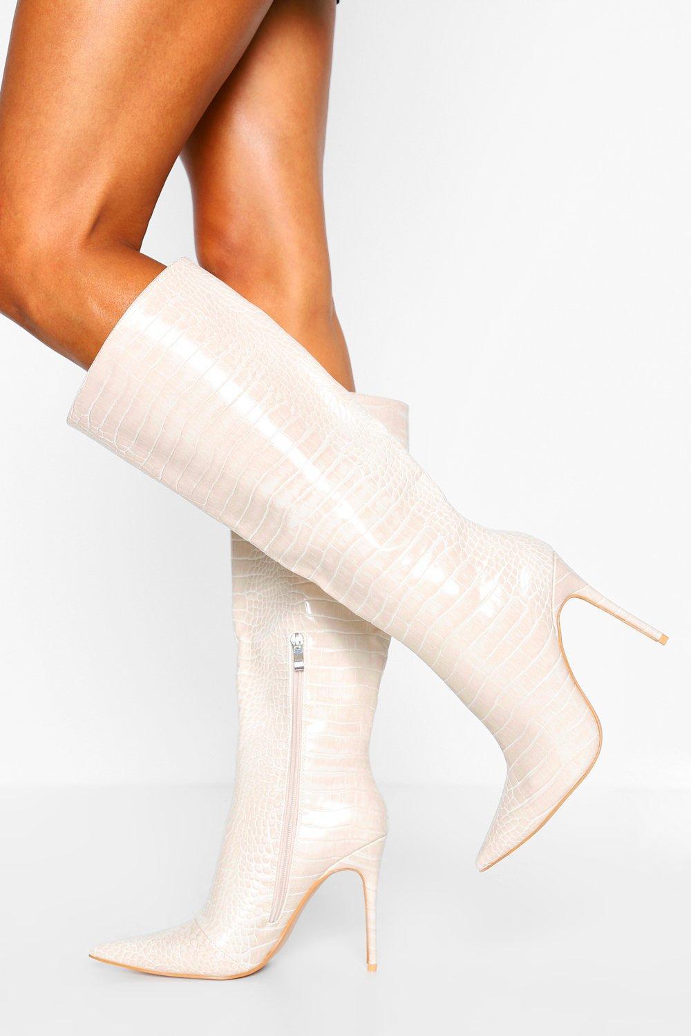 Boohoo Croc Pointed Toe Stiletto Heel Knee High Boots in White - Lyst