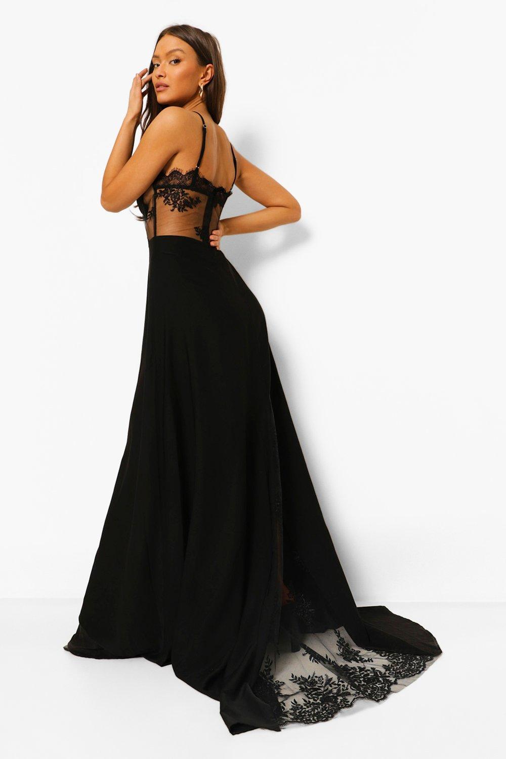 Boohoo Contrast Lace Corset Maxi Dress in Black | Lyst