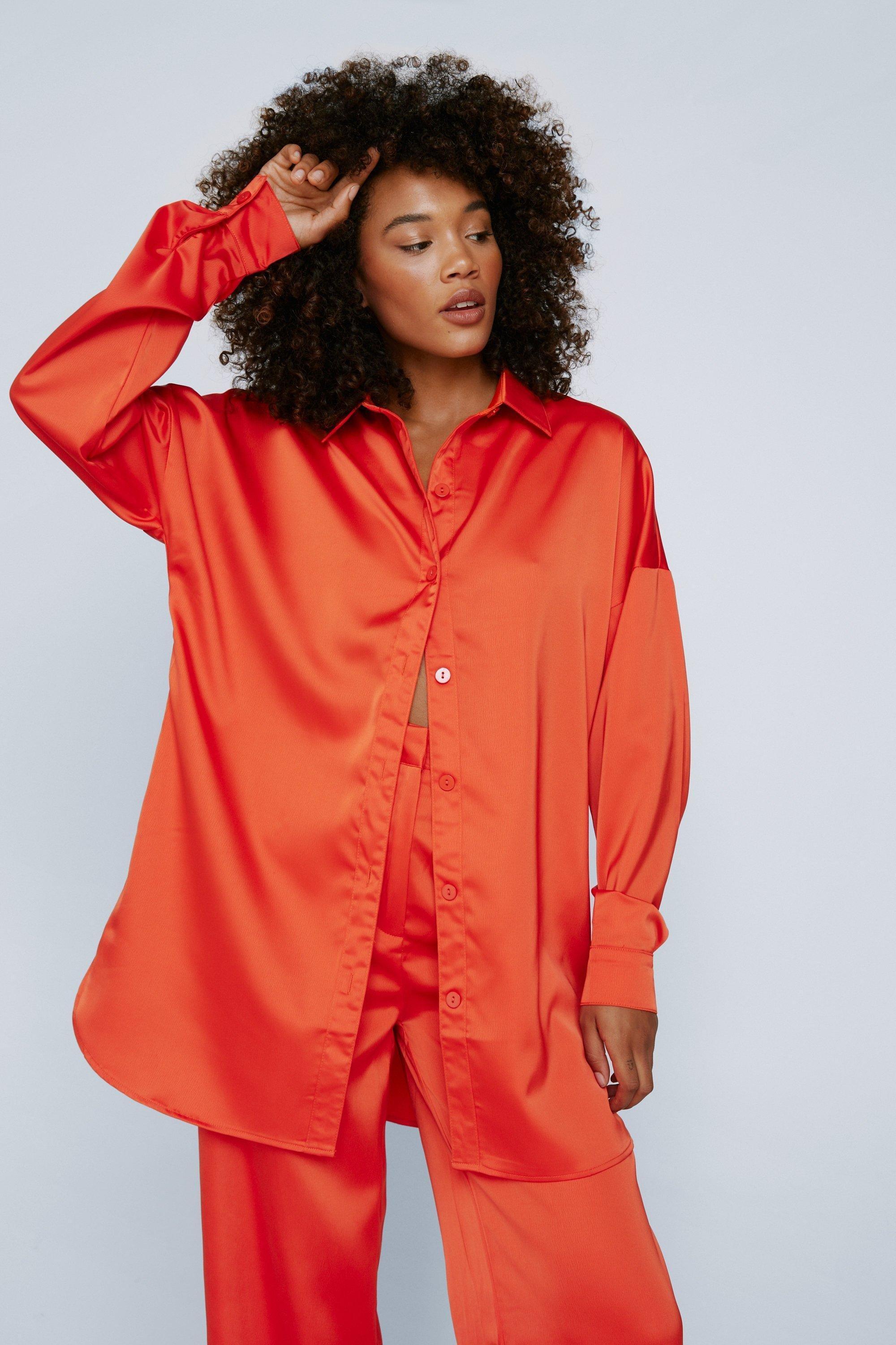 Boohoo Satin Oversized Long Sleeve Button Down Shirt in Red | Lyst
