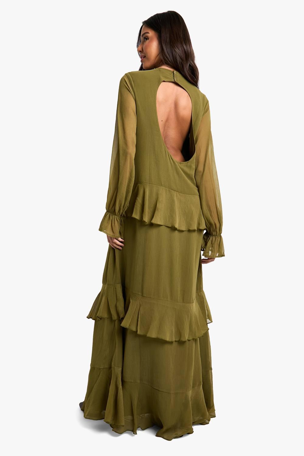 boohoo green ruffle dress Crinkle Chiffon Blouson Maxi in personalized print