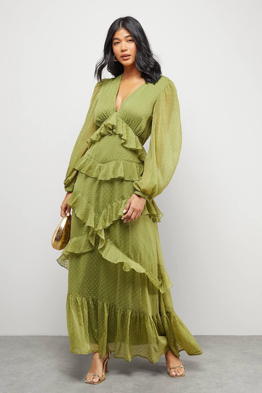 Warehouse Chiffon Plunge Neck Ruffle Detail Volume Sleeve Maxi Dress in  Green