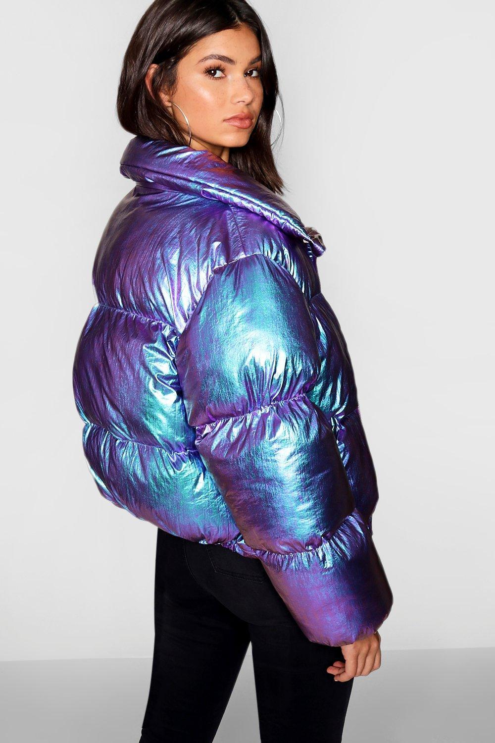 metallic blue puffer jacket