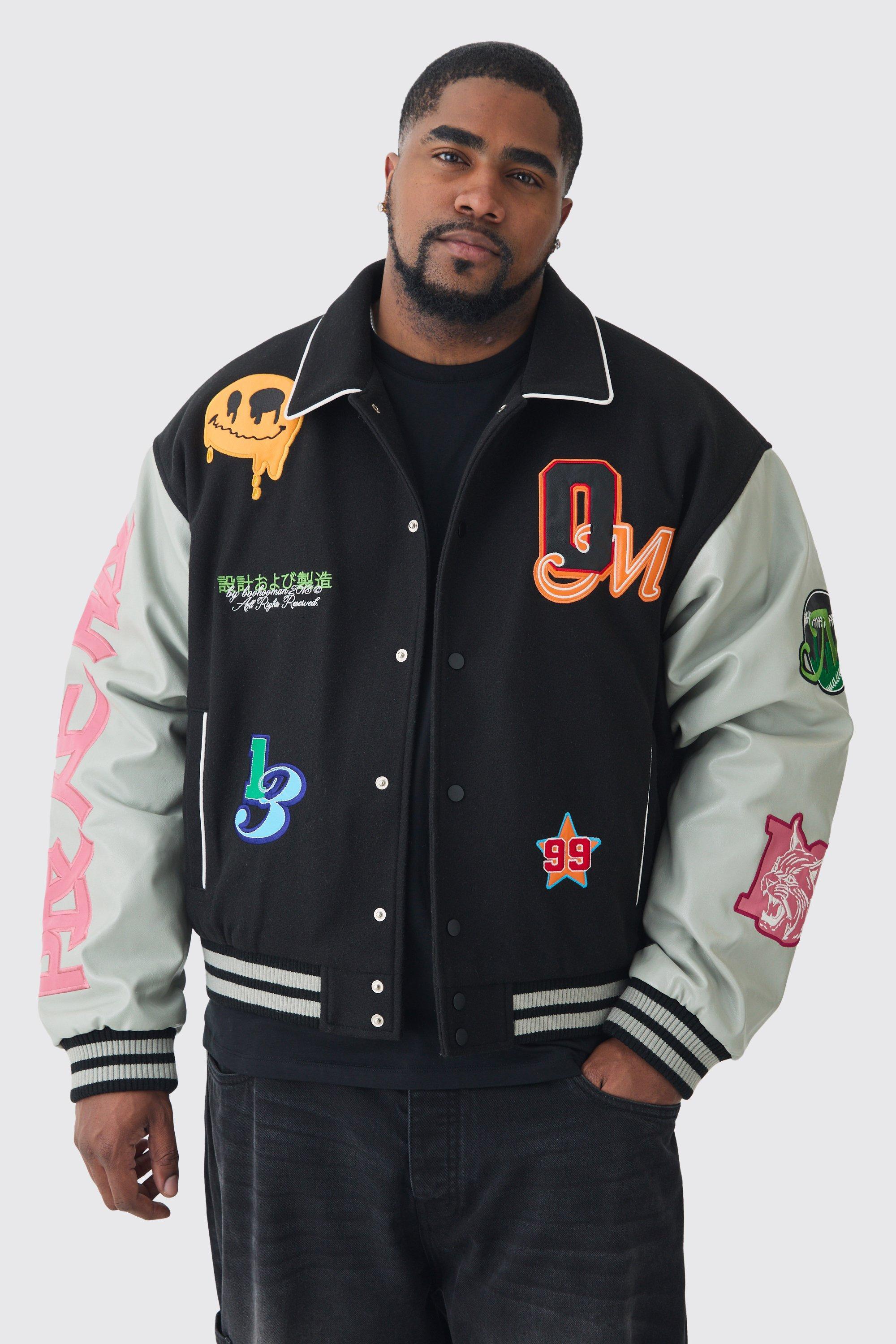 BoohooMAN Plus Boxy Melton Pu Varsity Badge Jacket in Black for