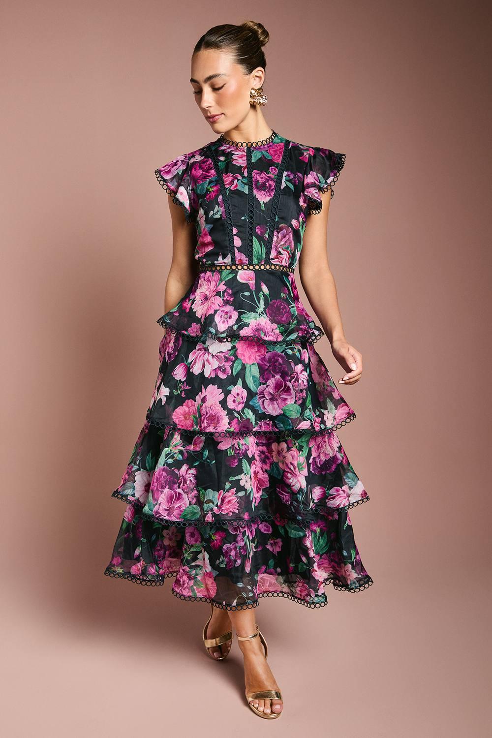 Coast Lace Trim Tiered Organza Midi Dress in Purple | Lyst