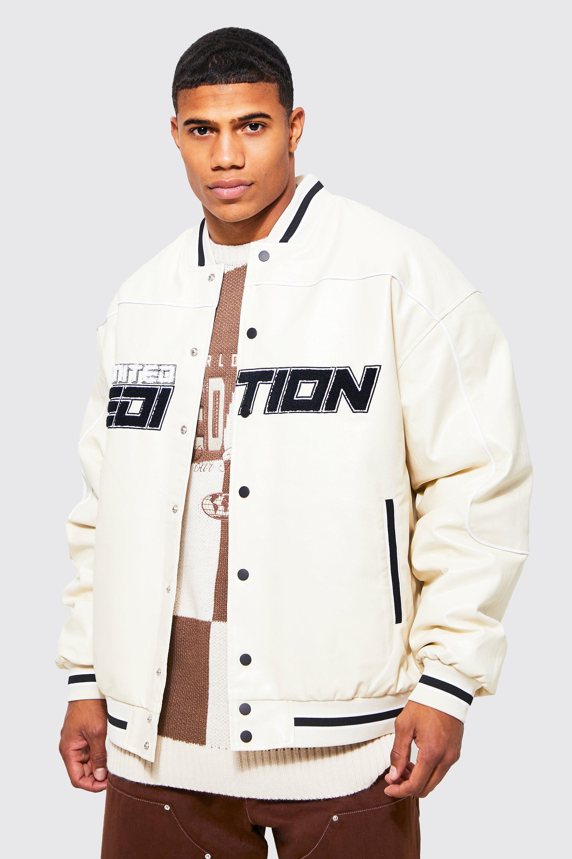 BoohooMAN Denim Pu Limited Edition Varsity Jacket in Cream (White) for