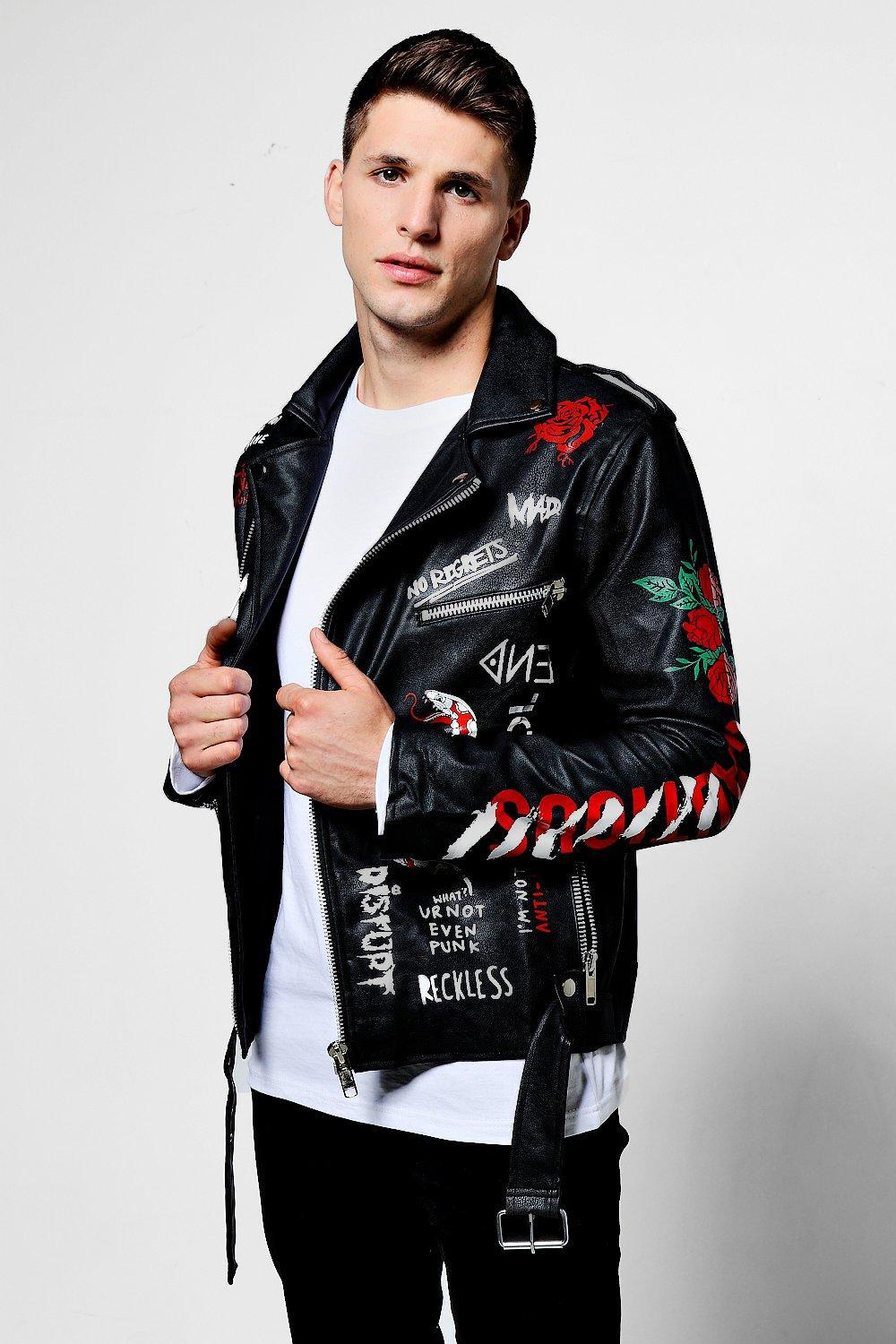 Boohoo Black Faux Leather Graffiti Print Biker Jacket for Men | Lyst