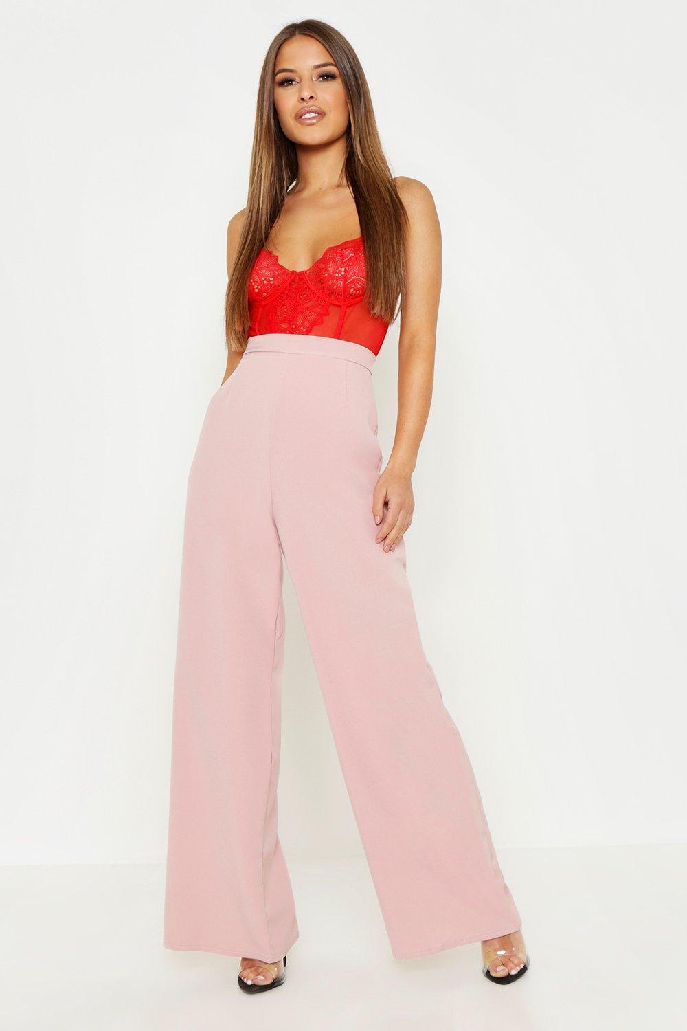 Lyst Boohoo Petite High Waisted Woven Wide Leg Trousers in Pink