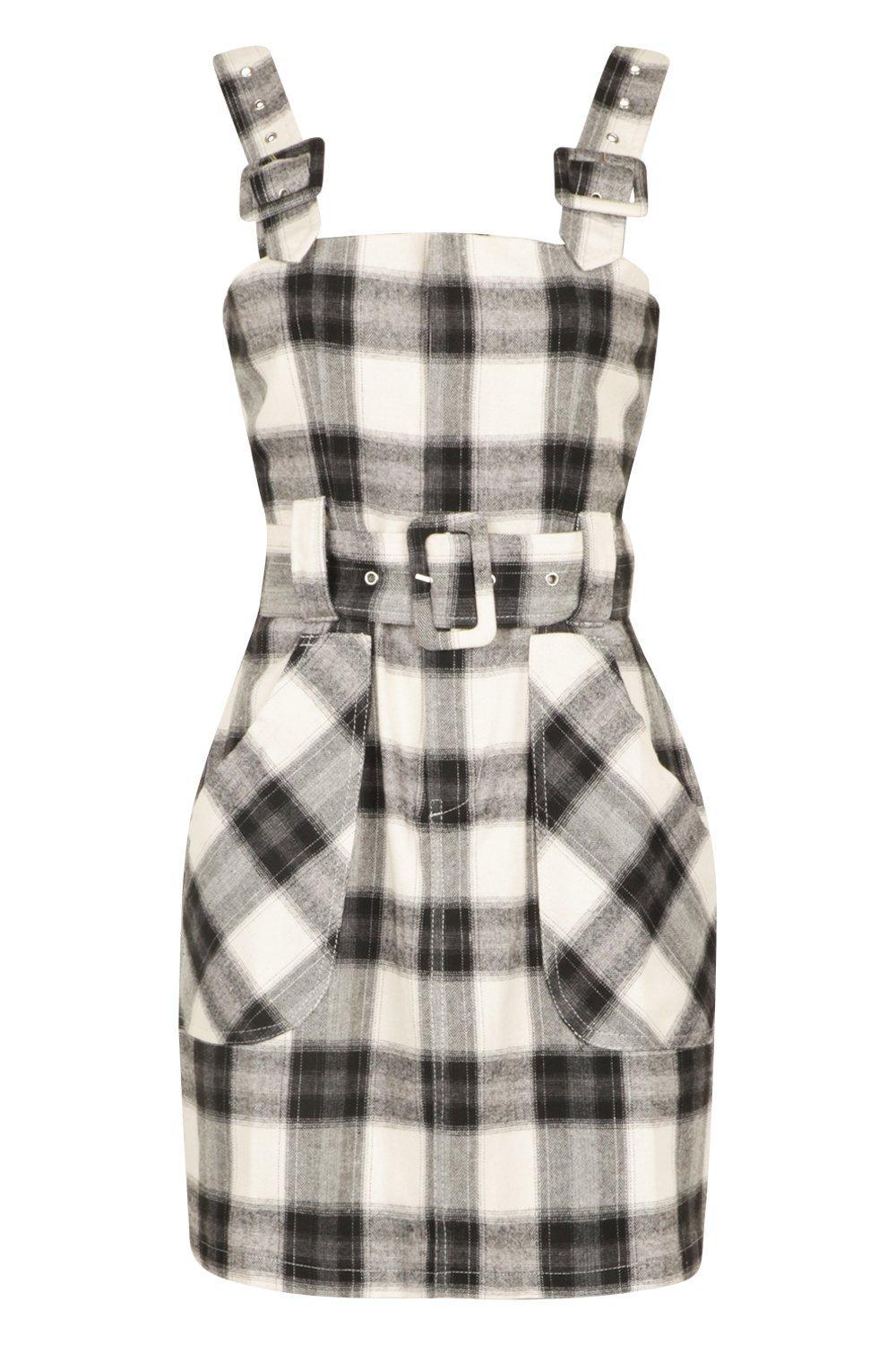 checked buckle detail pinafore dress