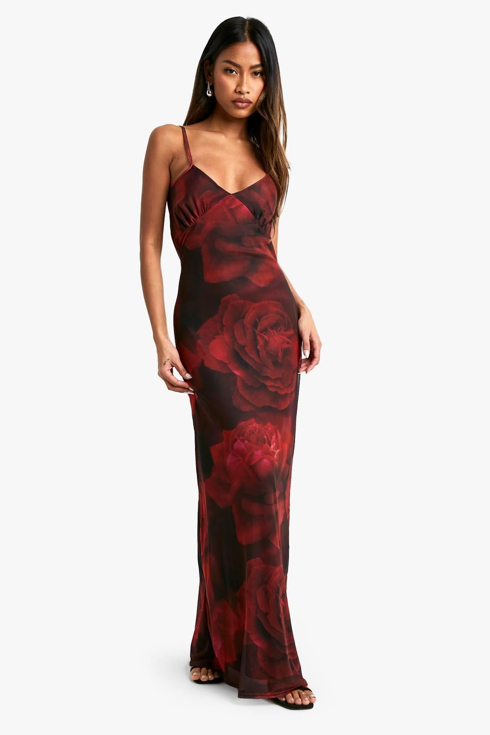 Boohoo Lace Trim Floral Mesh Maxi Dress in Red | Lyst