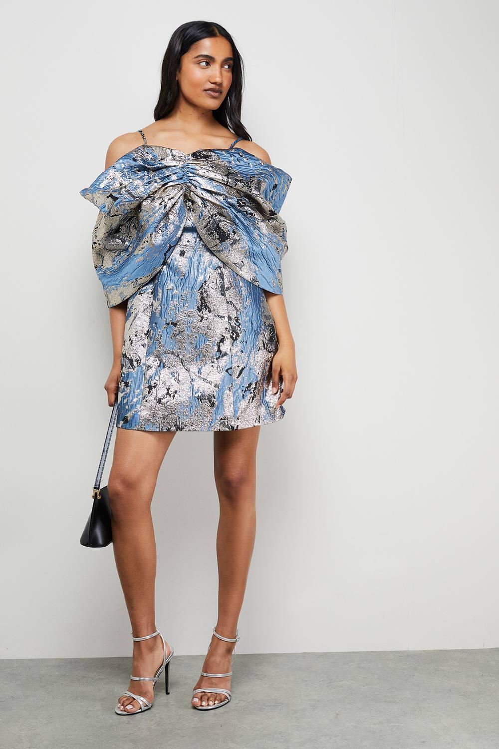 oasis metallic dress Oasis Metallic Jacquard Dramatic Sleeves Mini Dress in Blue