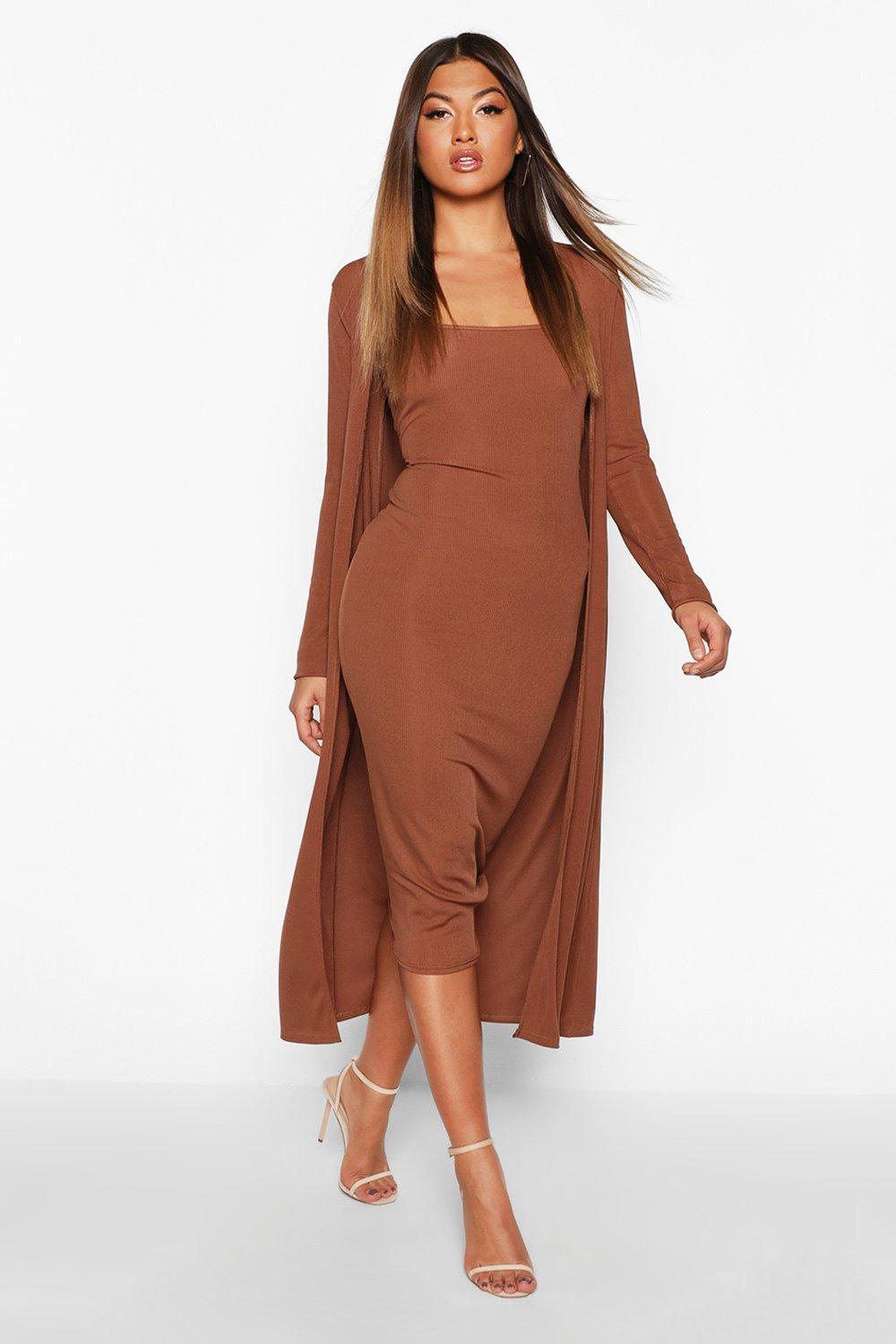 Boohoo Ribbed Midi Dress And Duster Set in Brown | Lyst