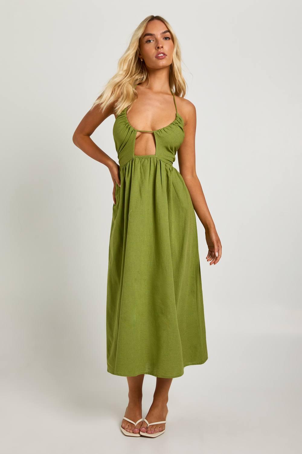 halterneck open back detail textured midaxi dress in green woven Halterneck Open Back Detail Textured Midaxi Dress In Green Woven | EGO US