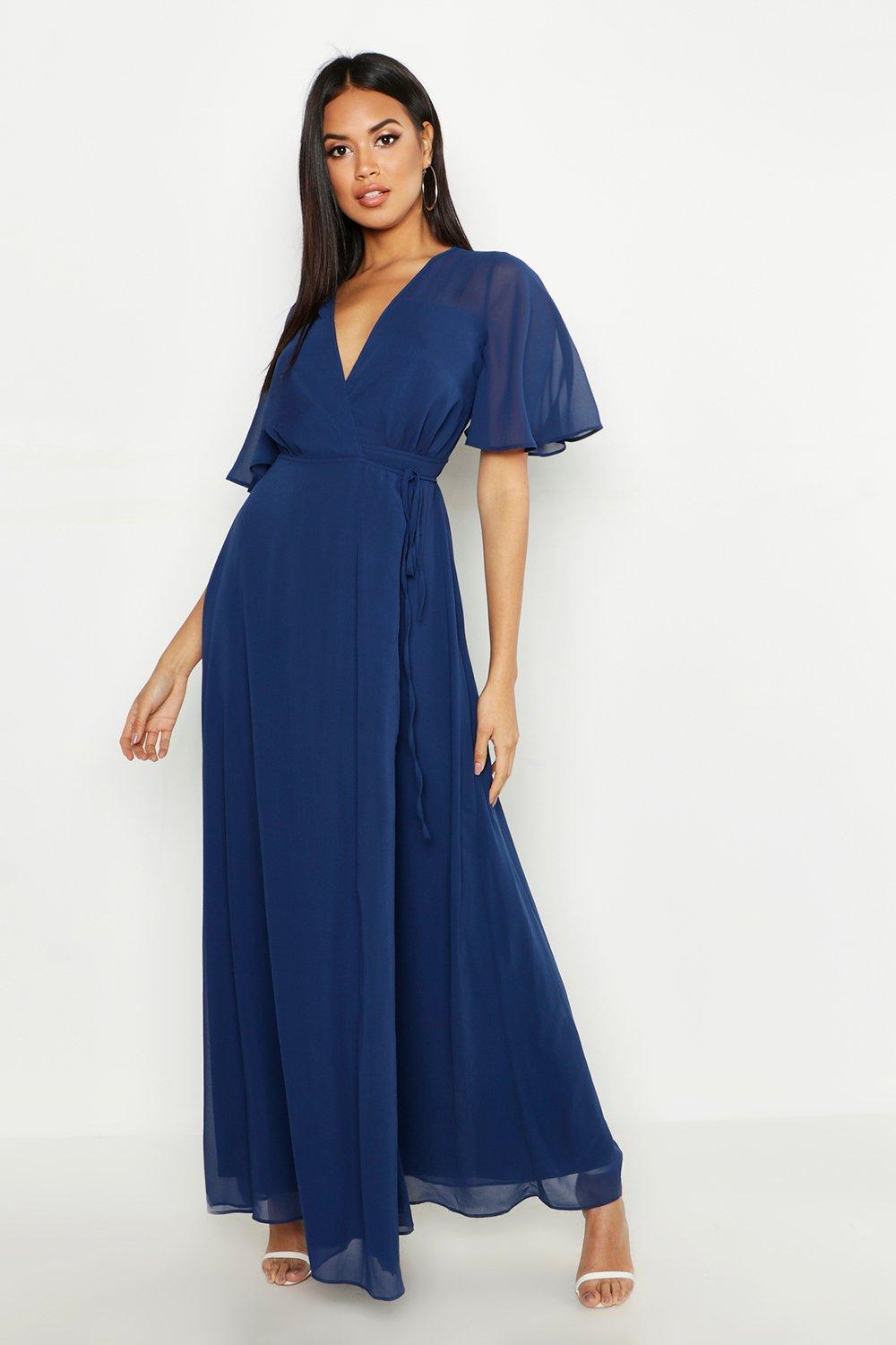 my angel navy blue embroidered long sleeve wrap maxi dress