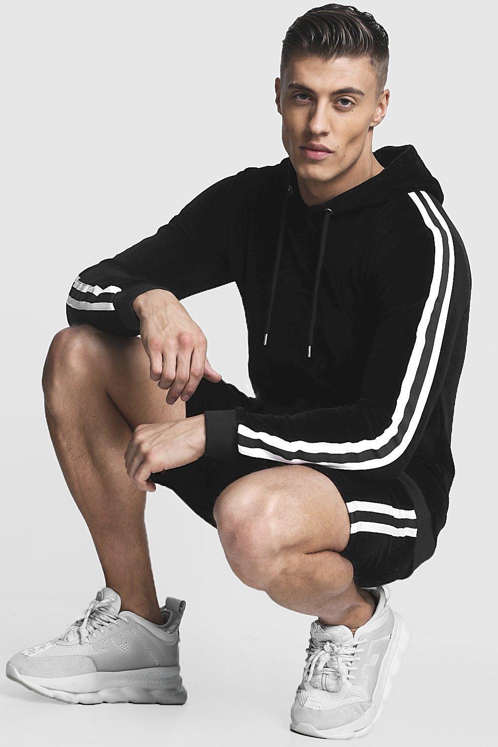 Boohoo Velour Man Hooded Short Tracksuit With Side Tape in Black for ...