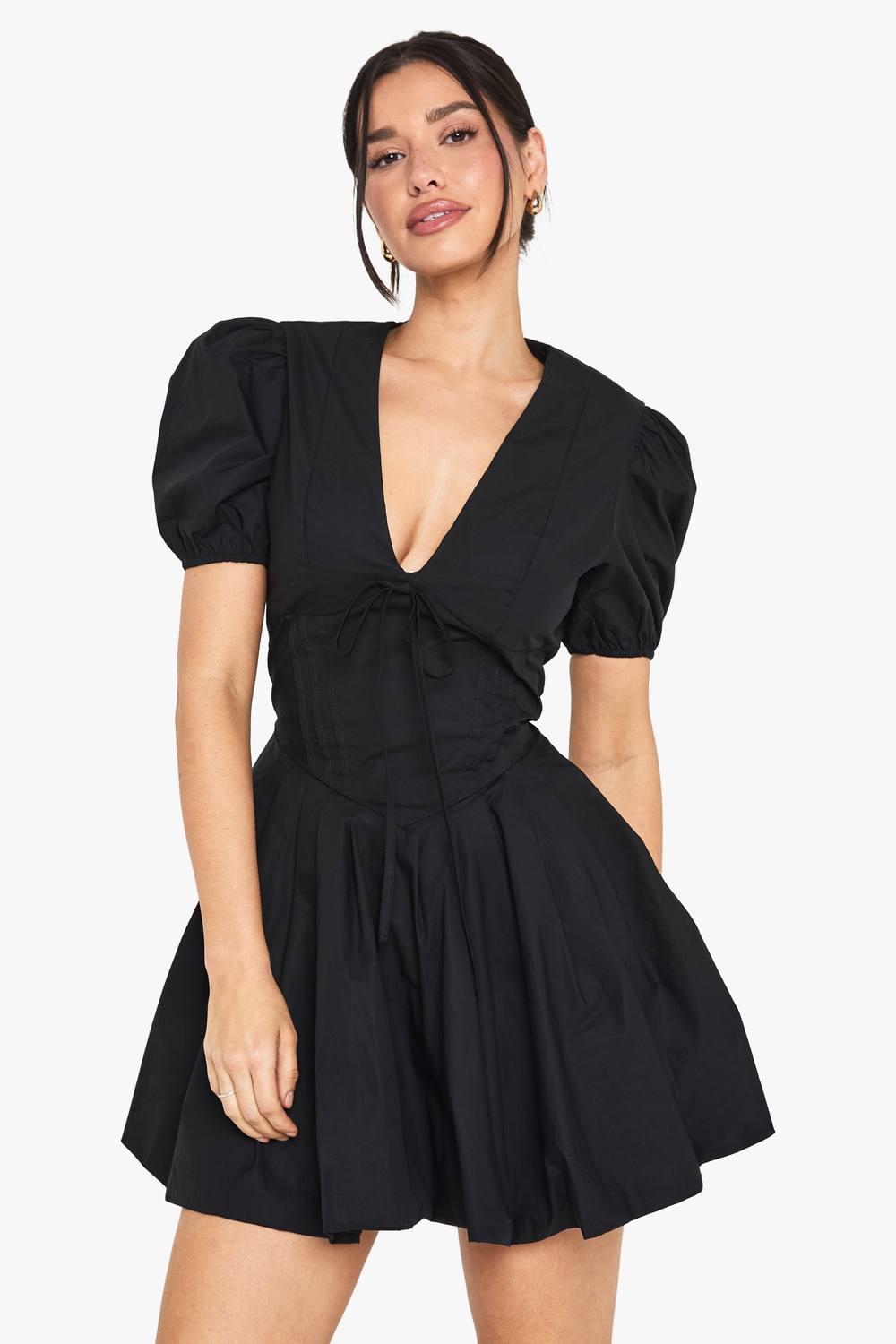 black milkmaid skater dress Boohoo Tall Corset Detail Puff Sleeve Milkmaid Skater Dress in Black