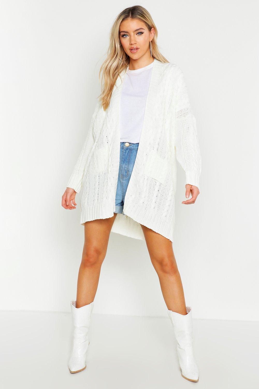 Boohoo Womens Slouchy Cable Knit Cardigan in White - Lyst