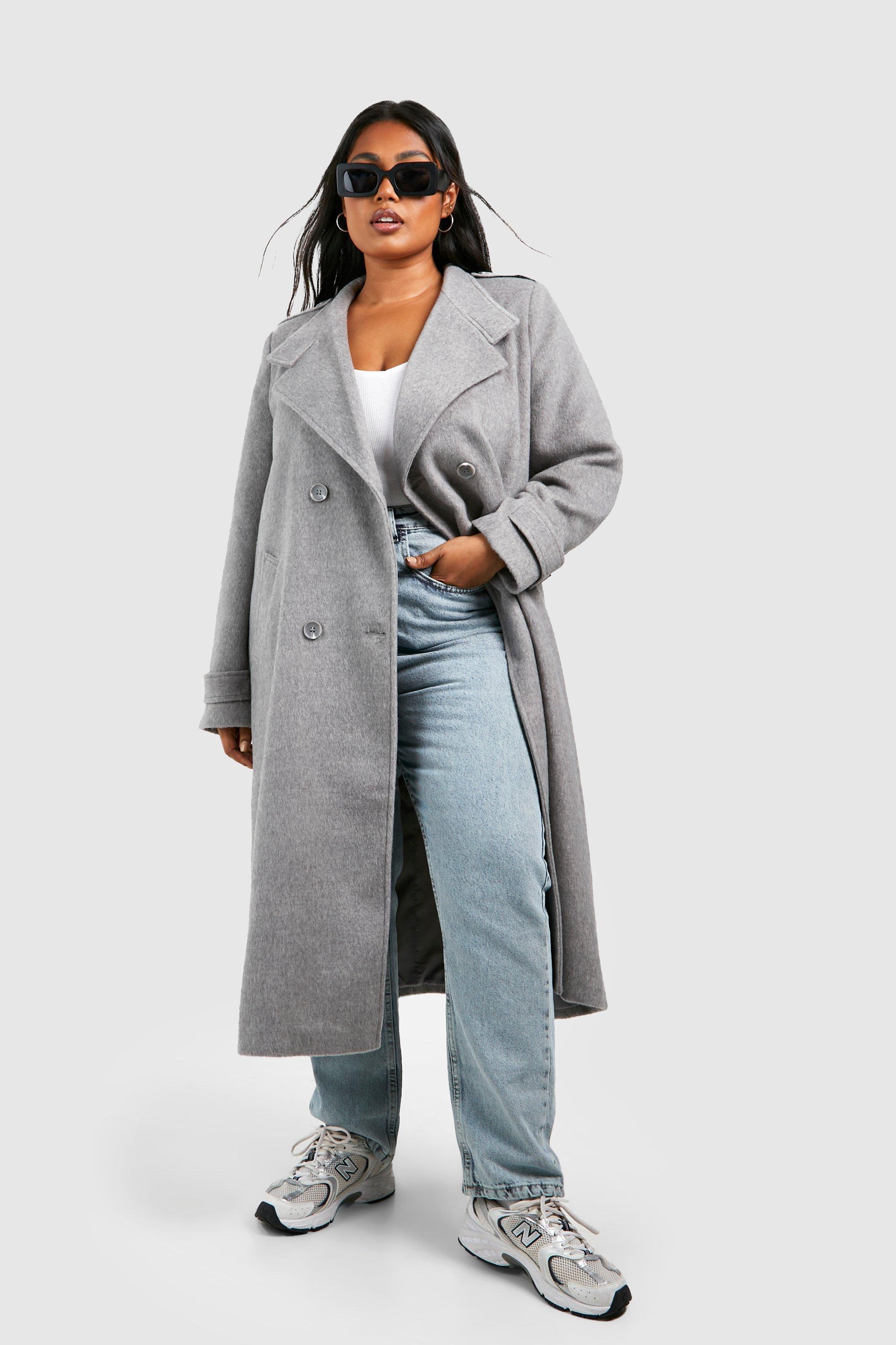 Boohoo Plus Double Breasted Wool Maxi Coat in Grey | Lyst UK