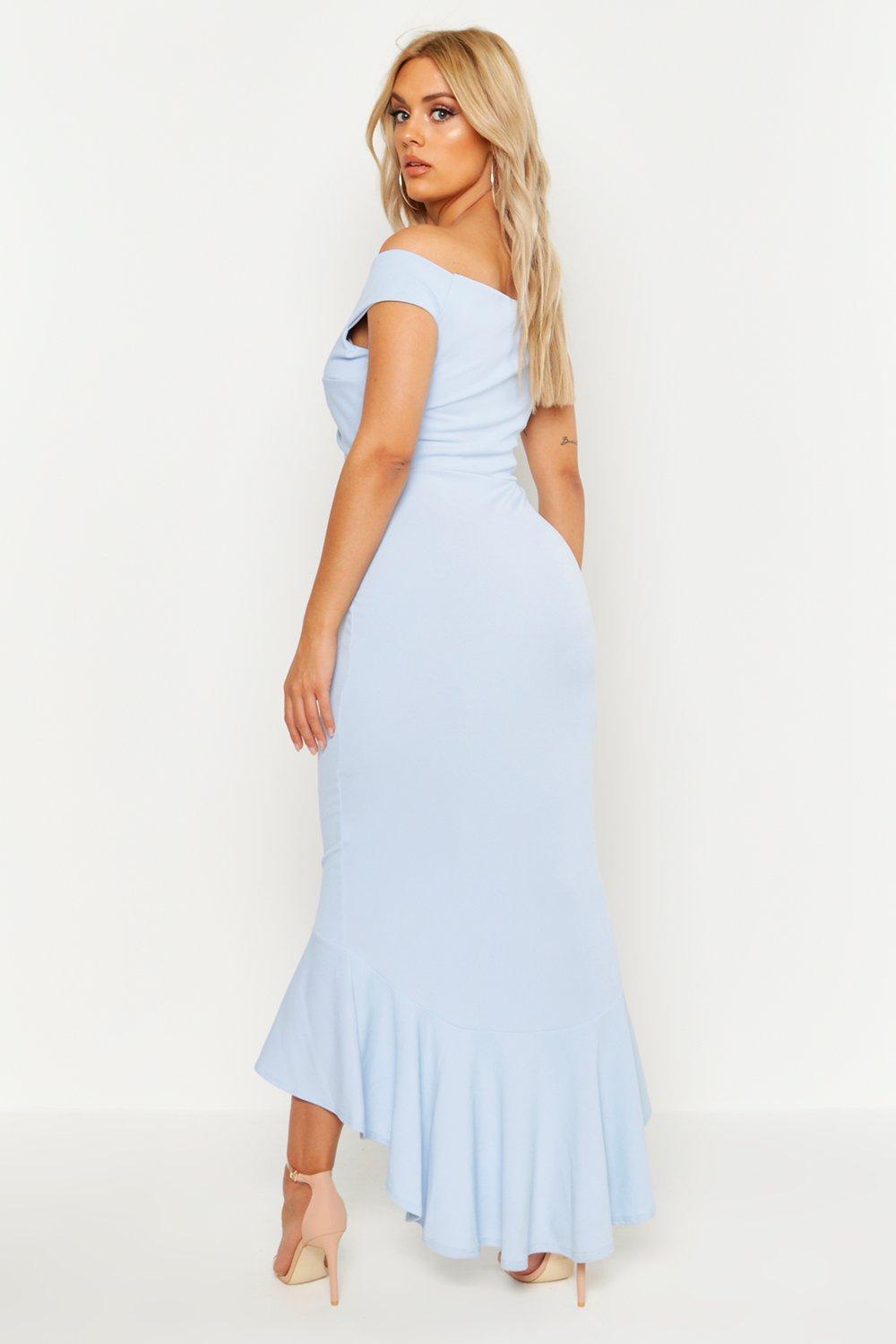 navy bardot knot front dip hem dress