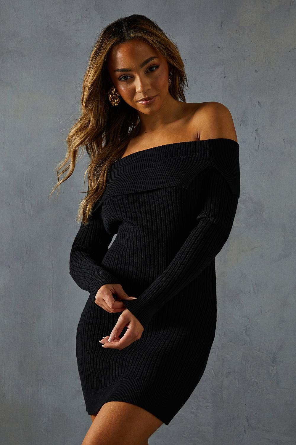 bardot mini rib knit dress MissPap Knitted Bodycon in Black button front