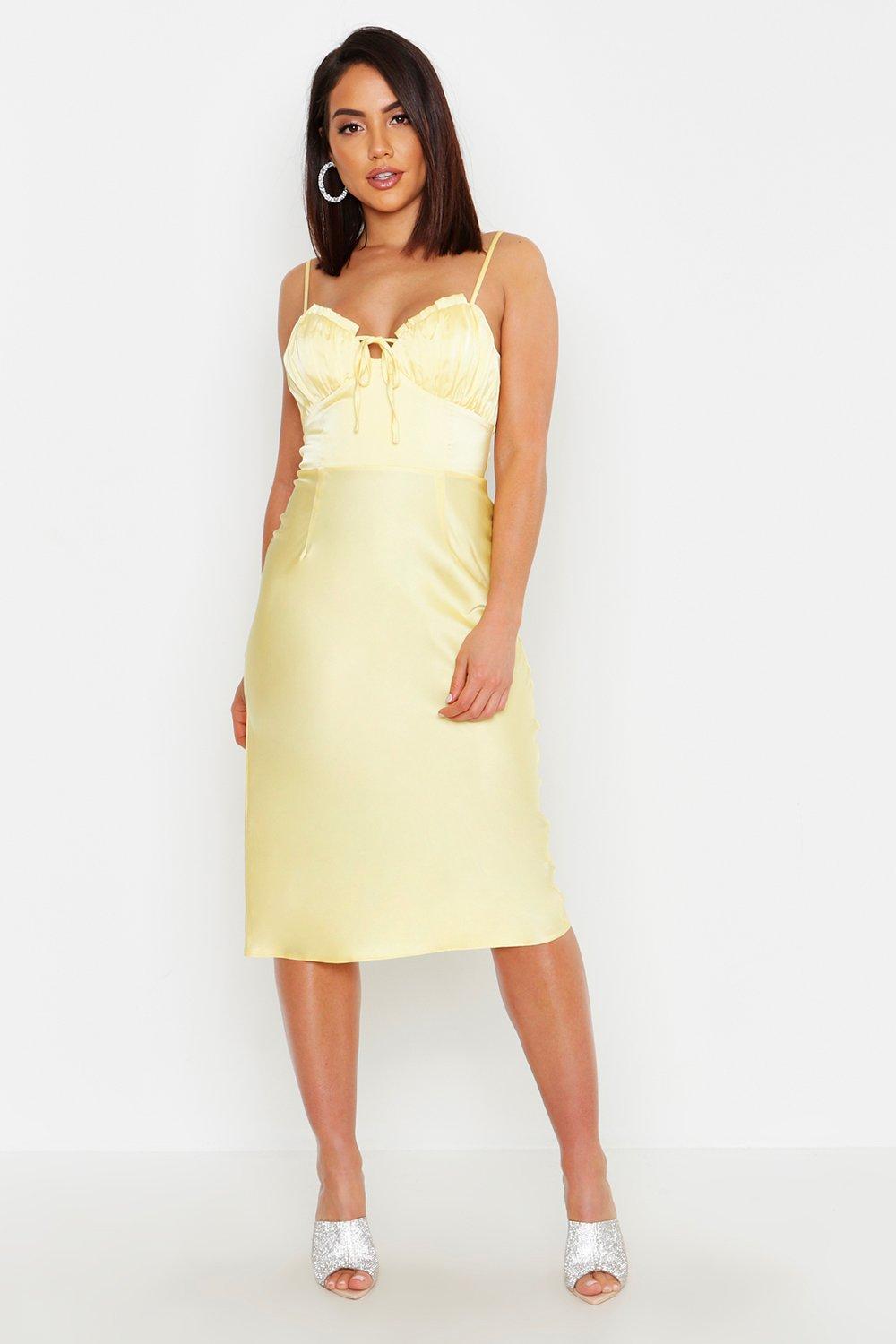 mustard satin pleated midi dress
