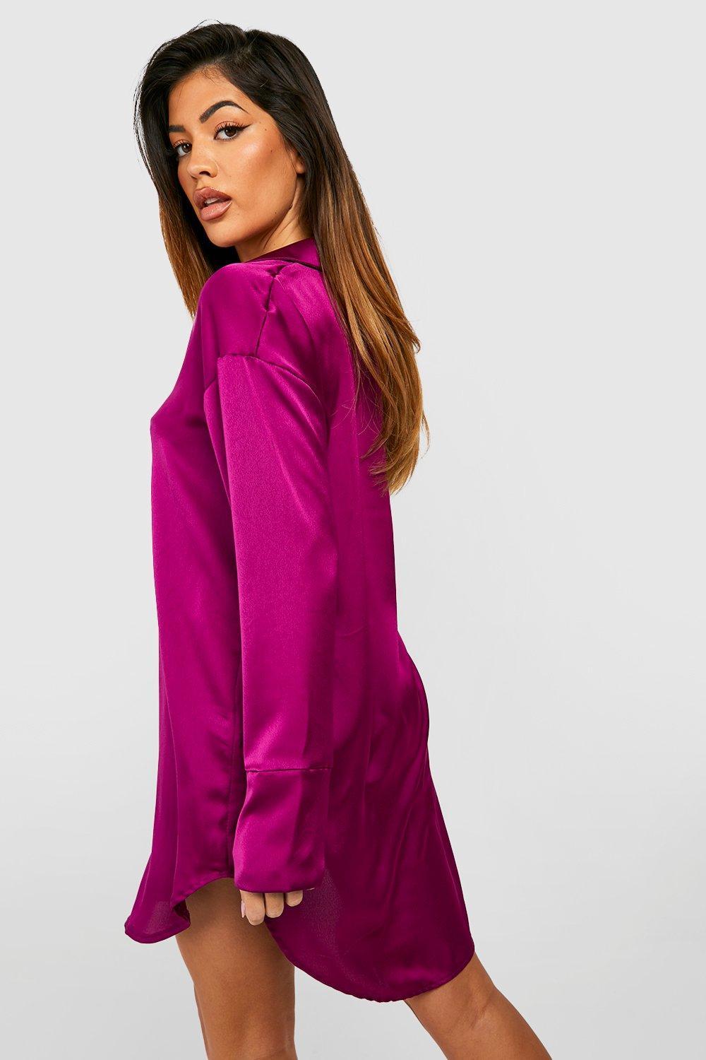 hot pink satin shirt dress