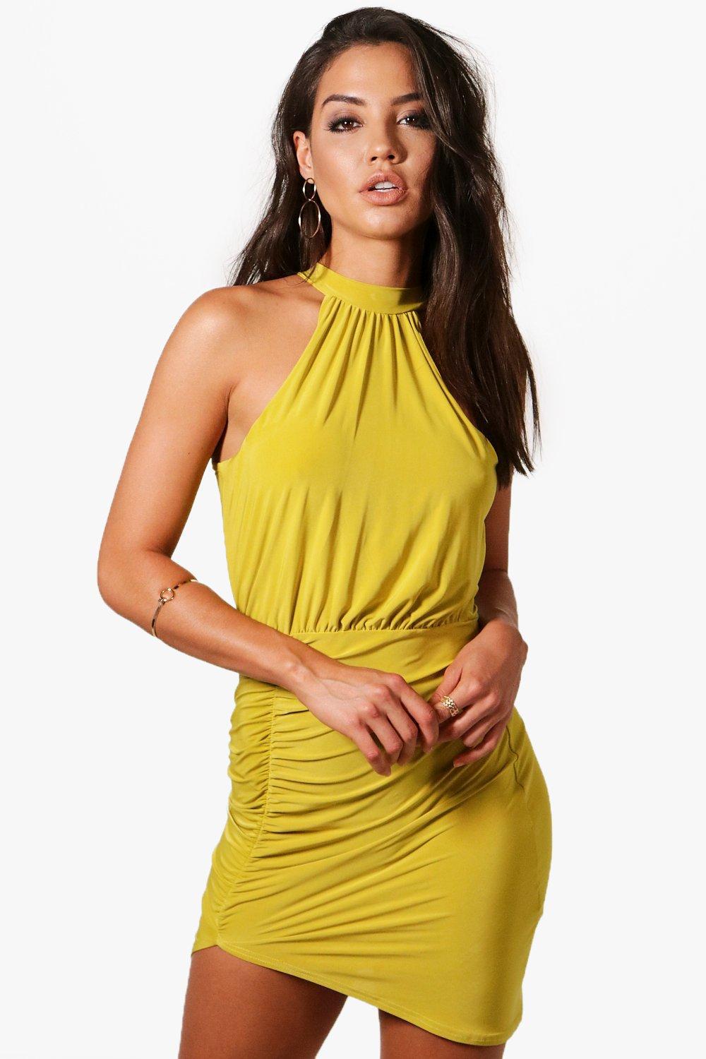 slinky high neck bodycon dress