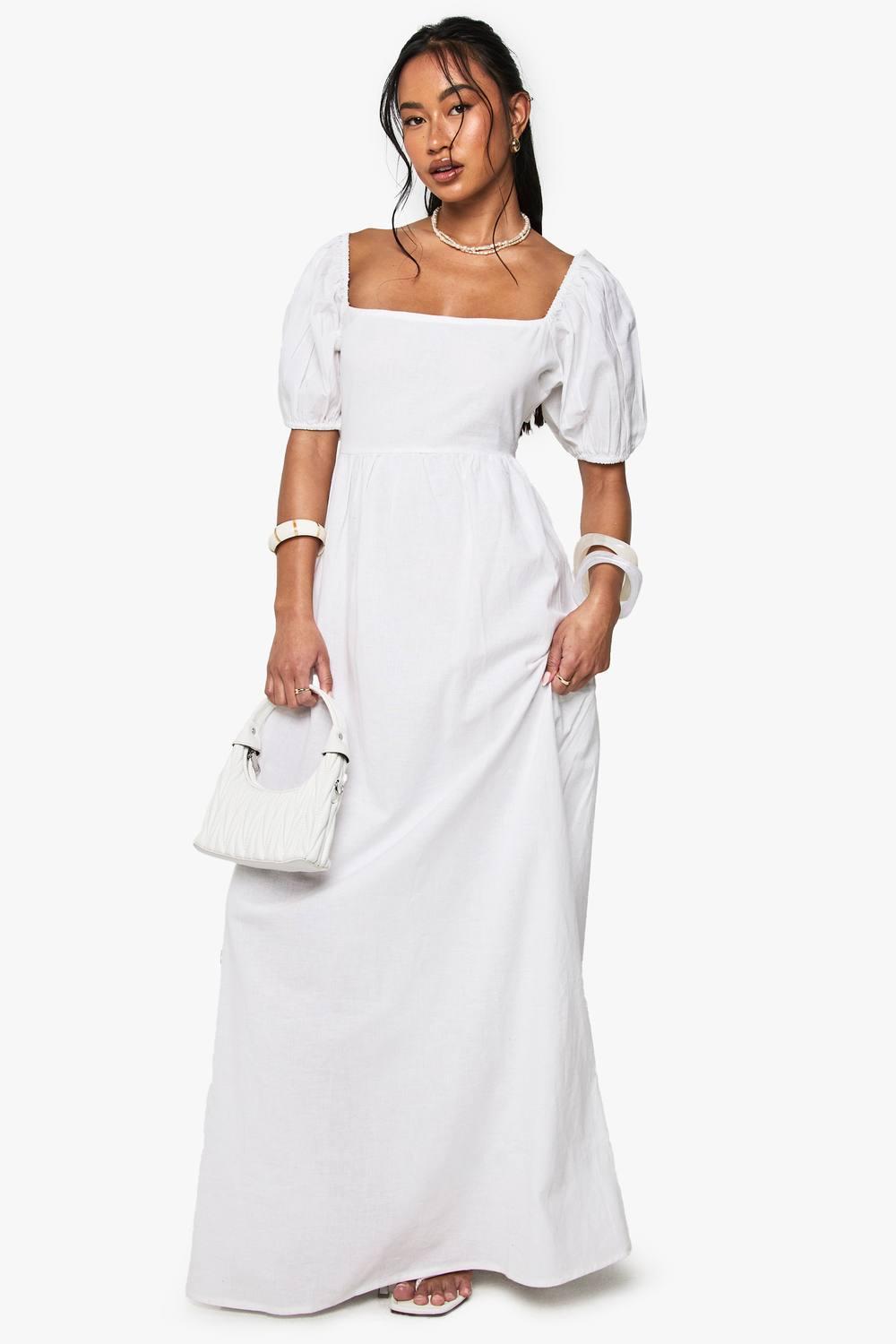 Boohoo Linen Tie Back Puff Sleeve Maxi Dress in White | Lyst