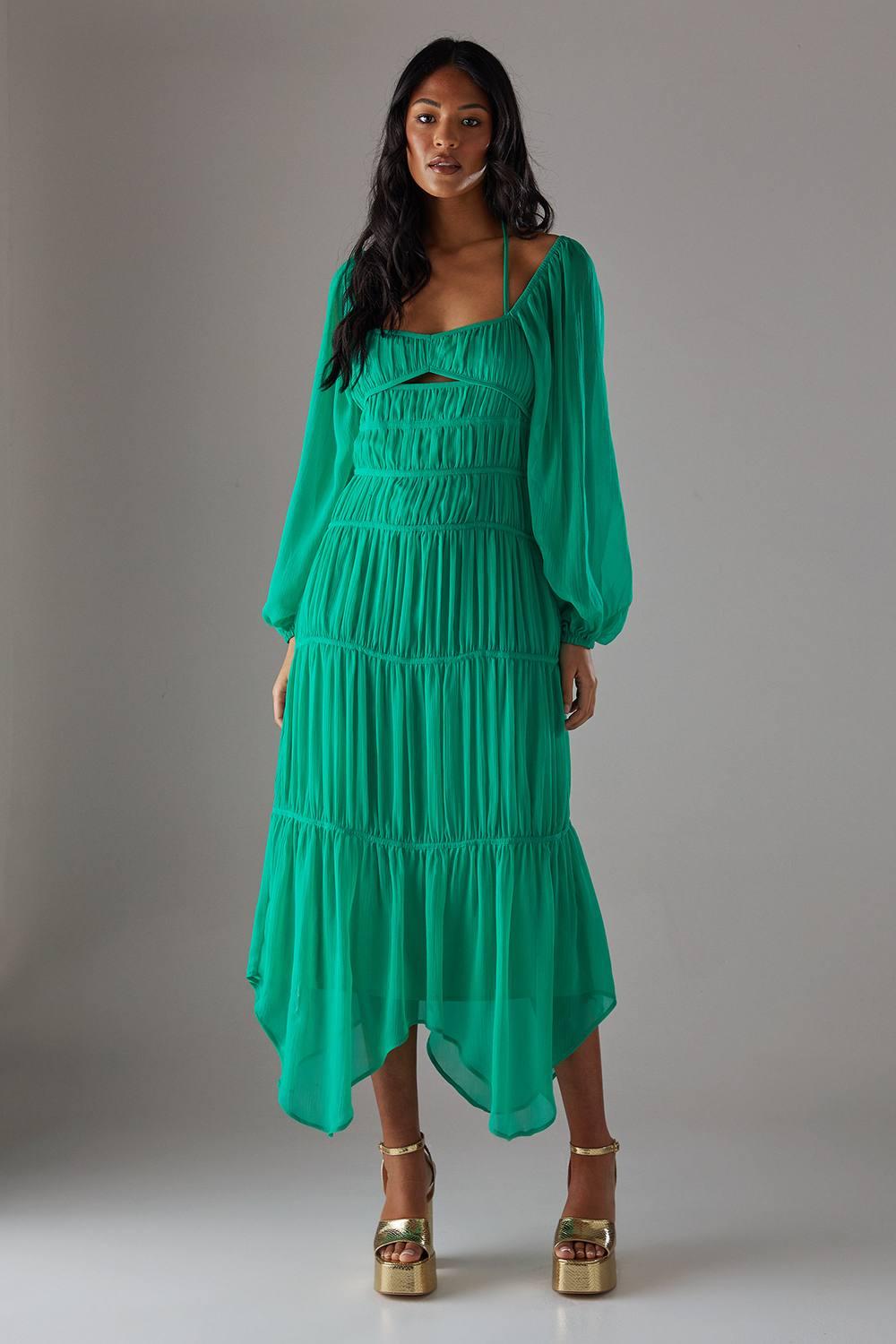 Warehouse Chiffon Gathered Seam Halter Tie Hanky Hem Midi Dress in Green |  Lyst
