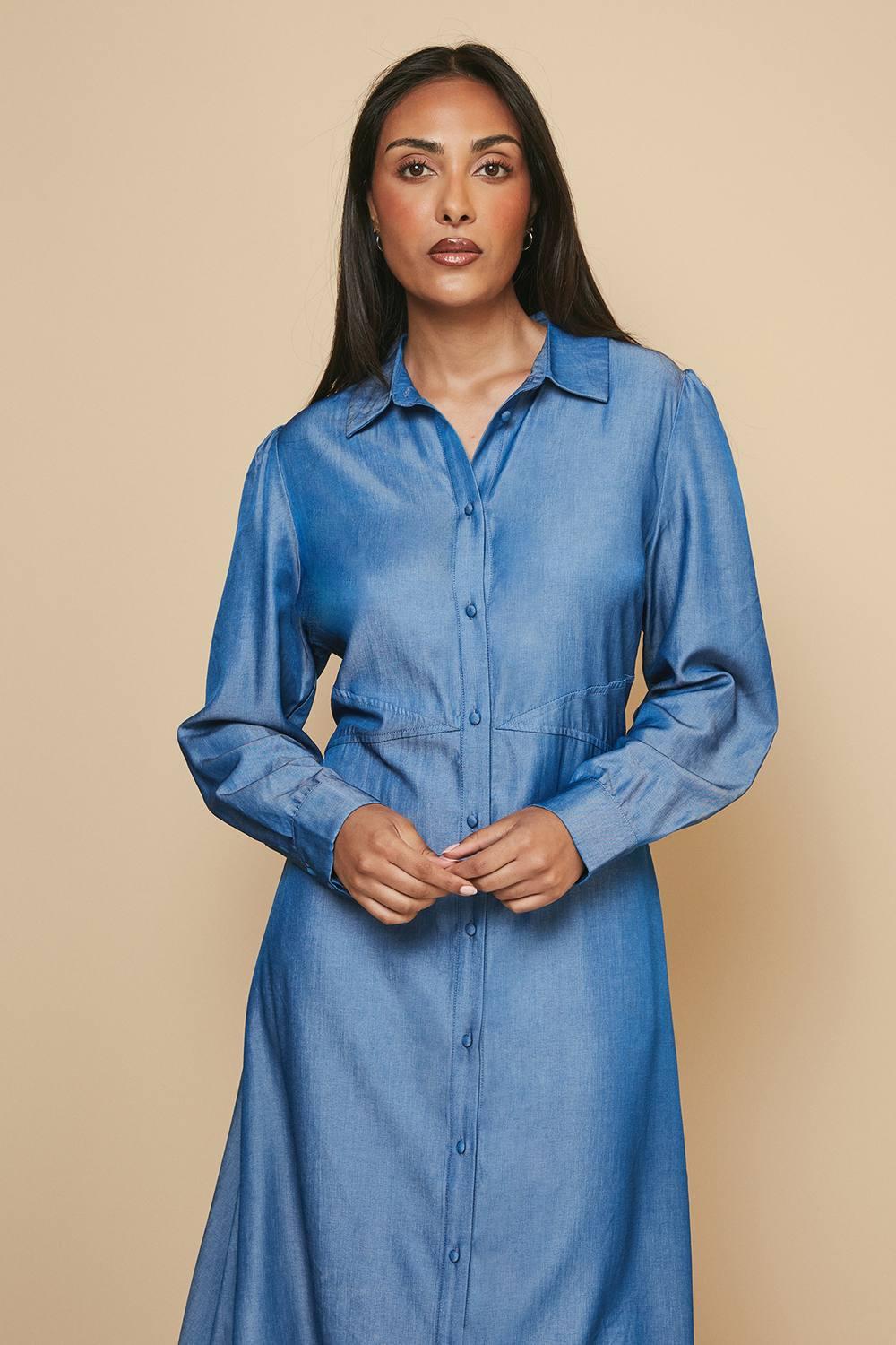 wallis denim dress Wallis Collared sleeveless shirt dress tie waist Tencel Denim Beaufort