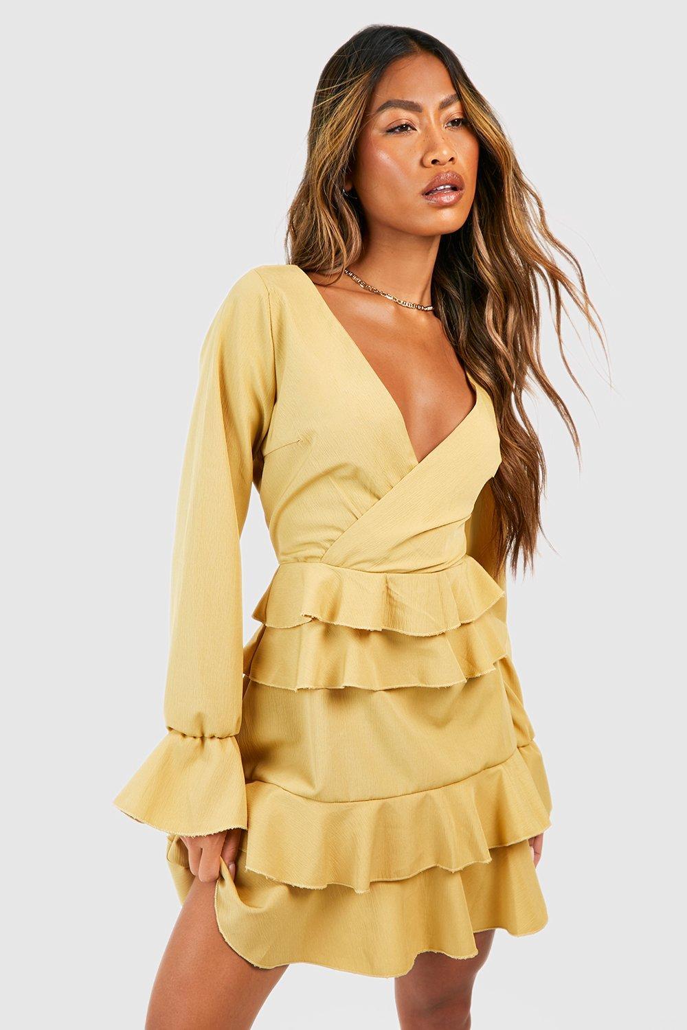 Boohoo Textured Frill Skater Dress in Yellow | Lyst