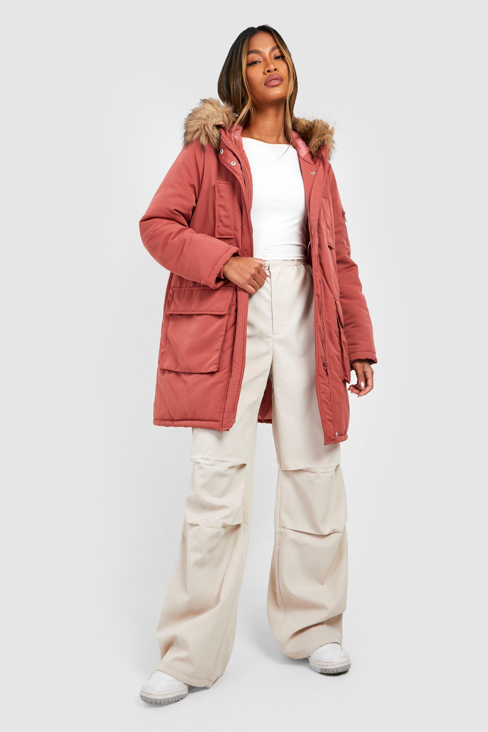 Boohoo Faux Fur Trim Parka Coat in Pink 