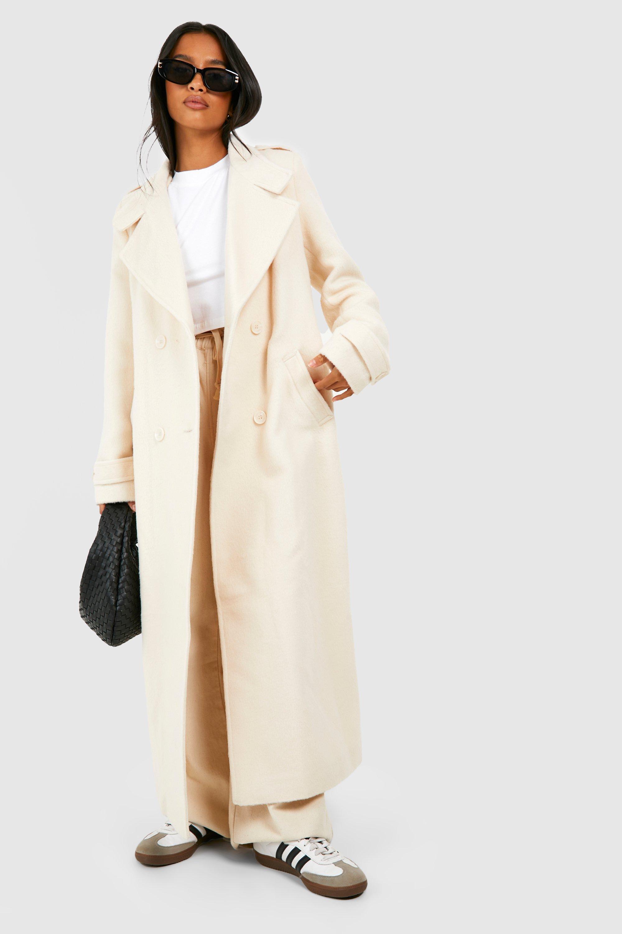 Boohoo Petite Collar Detail Double Breasted Wool Maxi Coat in Natural |  Lyst UK