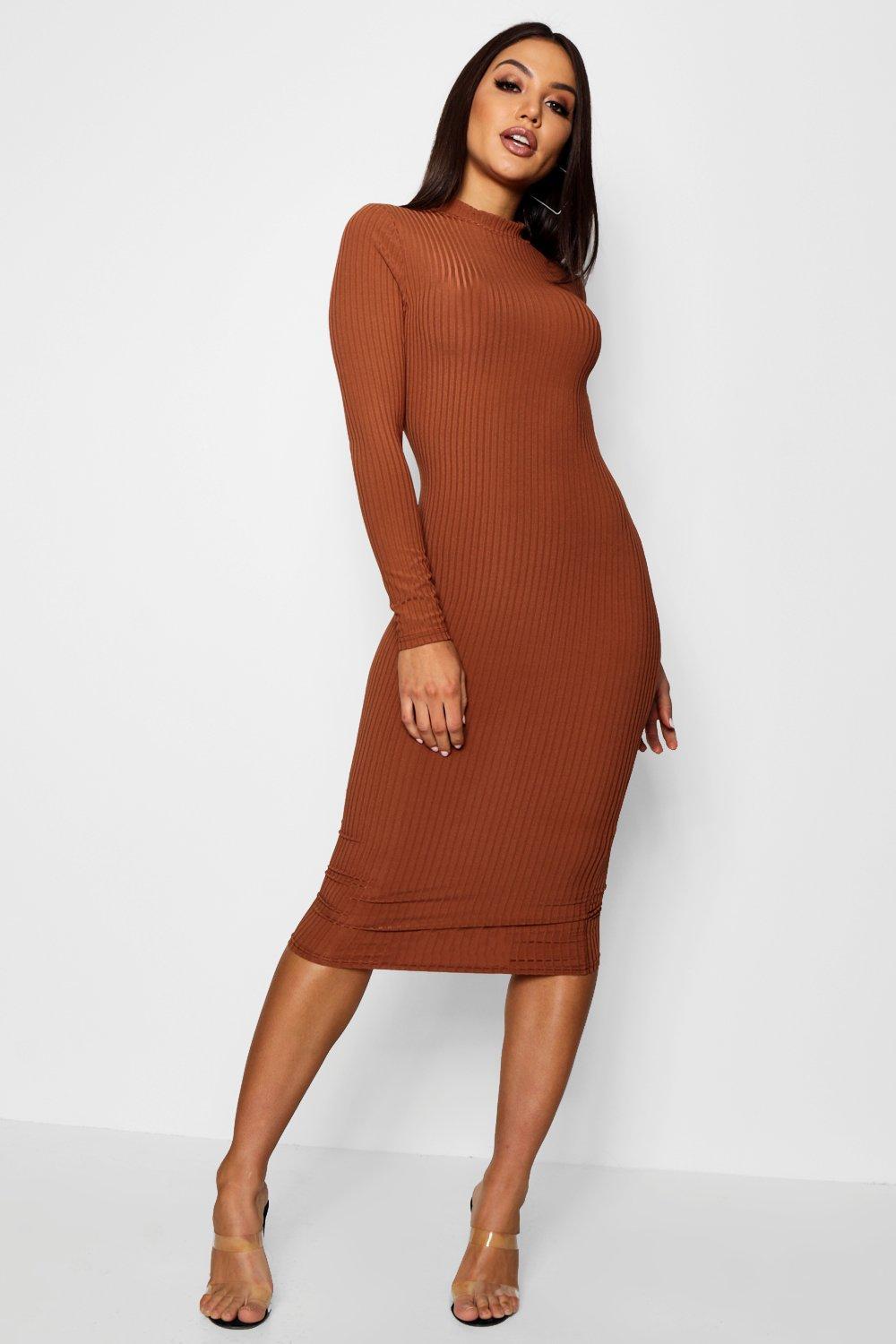 high neck rib midi dress