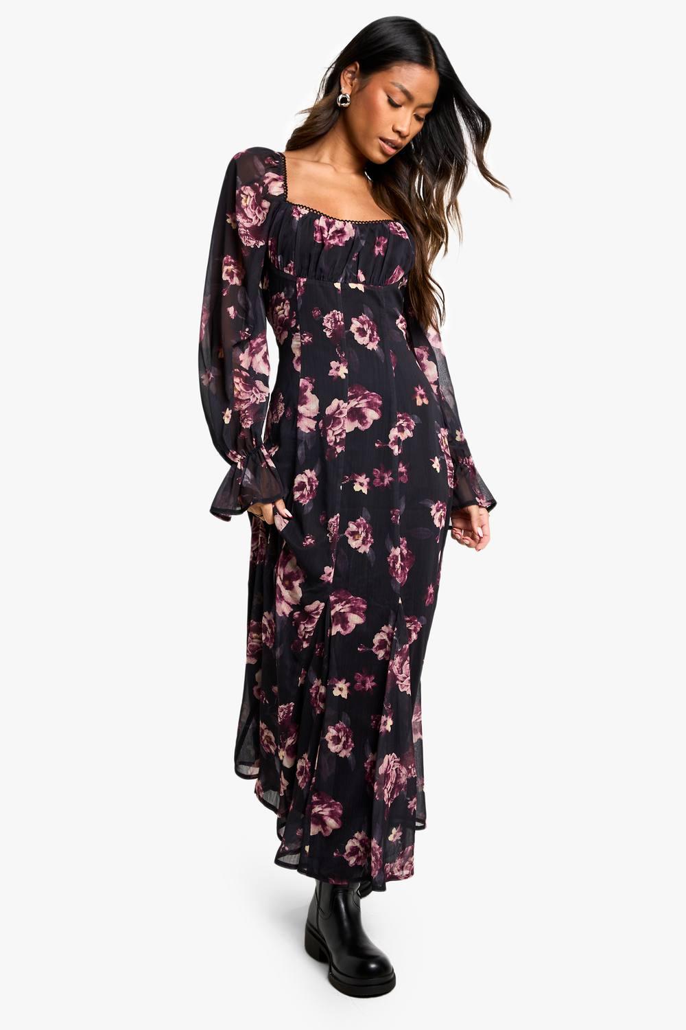 pink floral long sleeve maxi dress Women Pink Floral Printed V-Neck Bishop Tie-Up Cuff Sleeves Back Concealed  Zipper-Up Pleated Maxi Dress main image 0