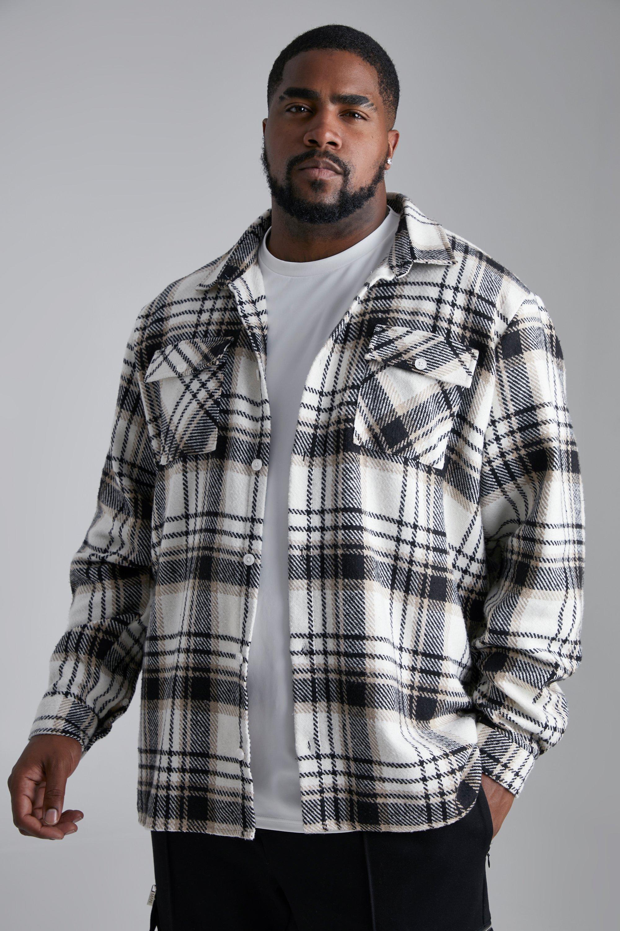 BoohooMAN Plus Heavyweight Large Scale Flannel Overshirt in Cream (Gray ...