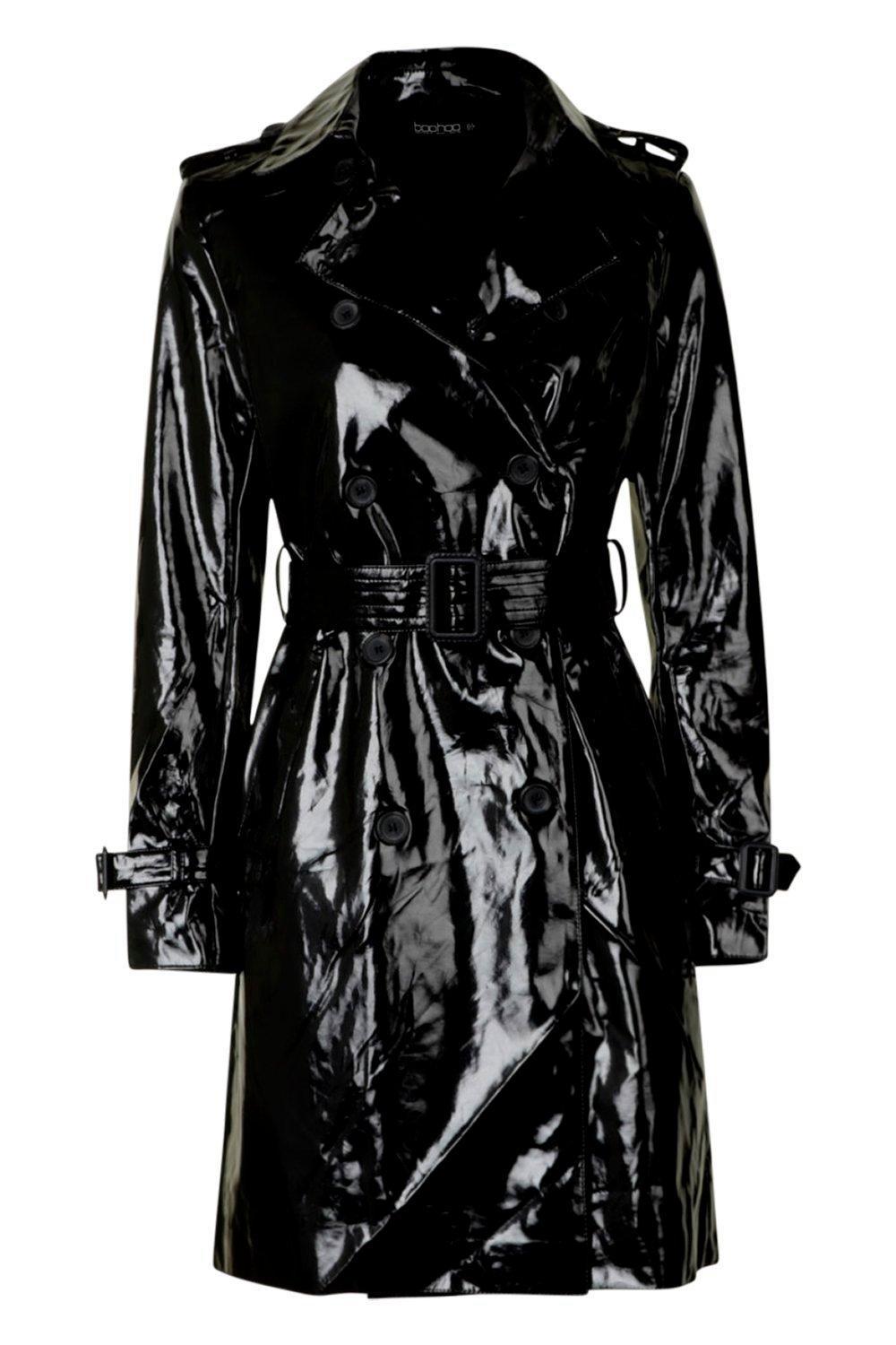 Boohoo Denim Pvc Belted Trench Coat in Black - Lyst