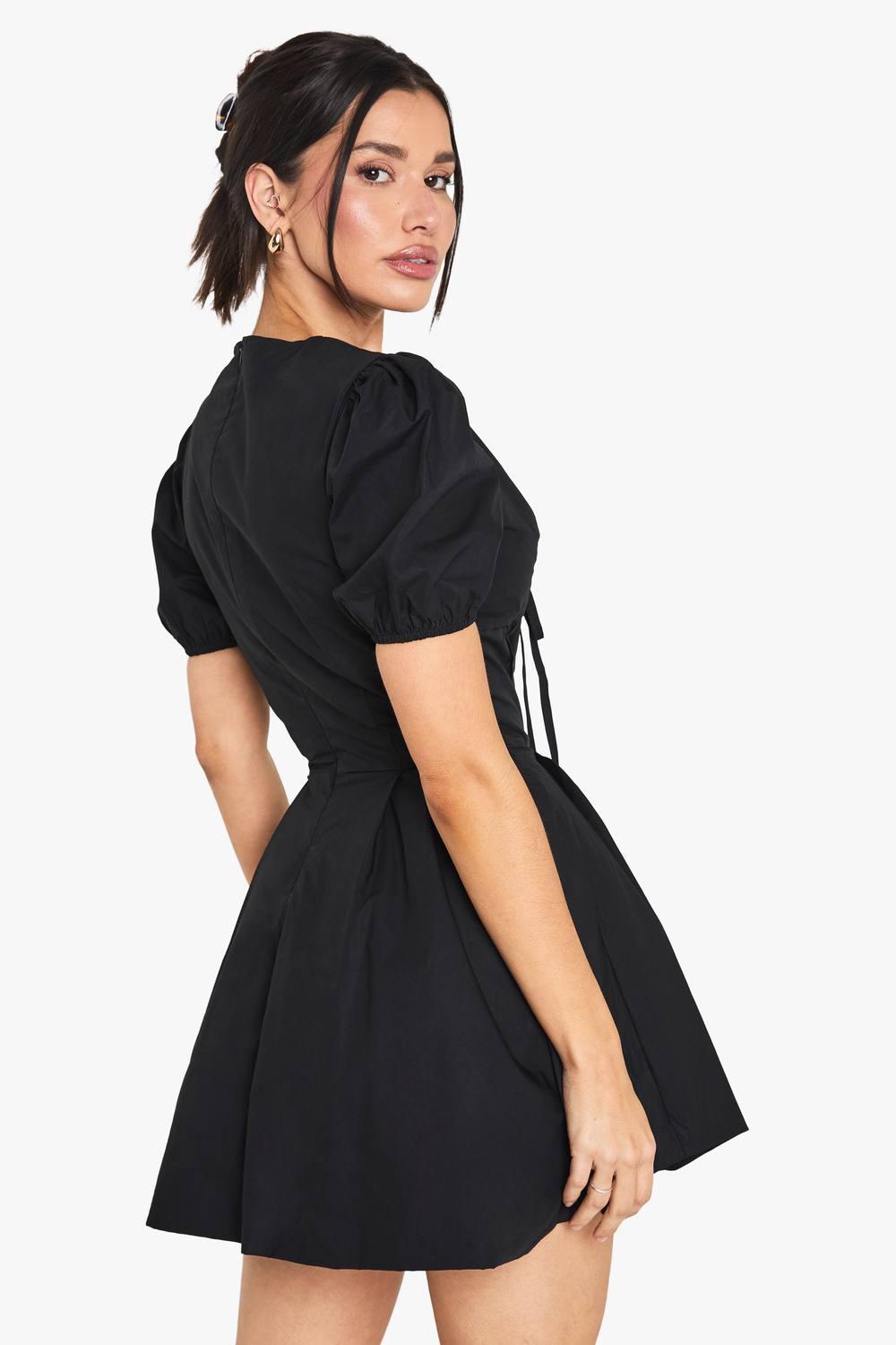 Boohoo Tall Corset Detail Puff Sleeve Milkmaid Skater Dress in Black | Lyst