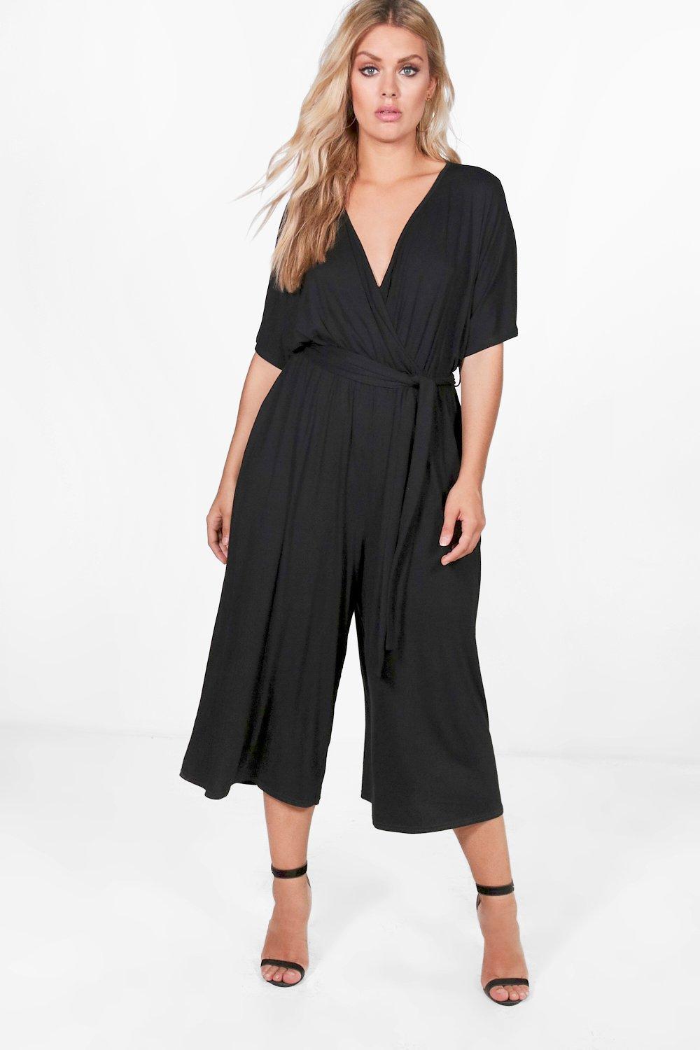 Boohoo Plus Jersey Kimono Sleeve Wrap Jumpsuit in Black Lyst