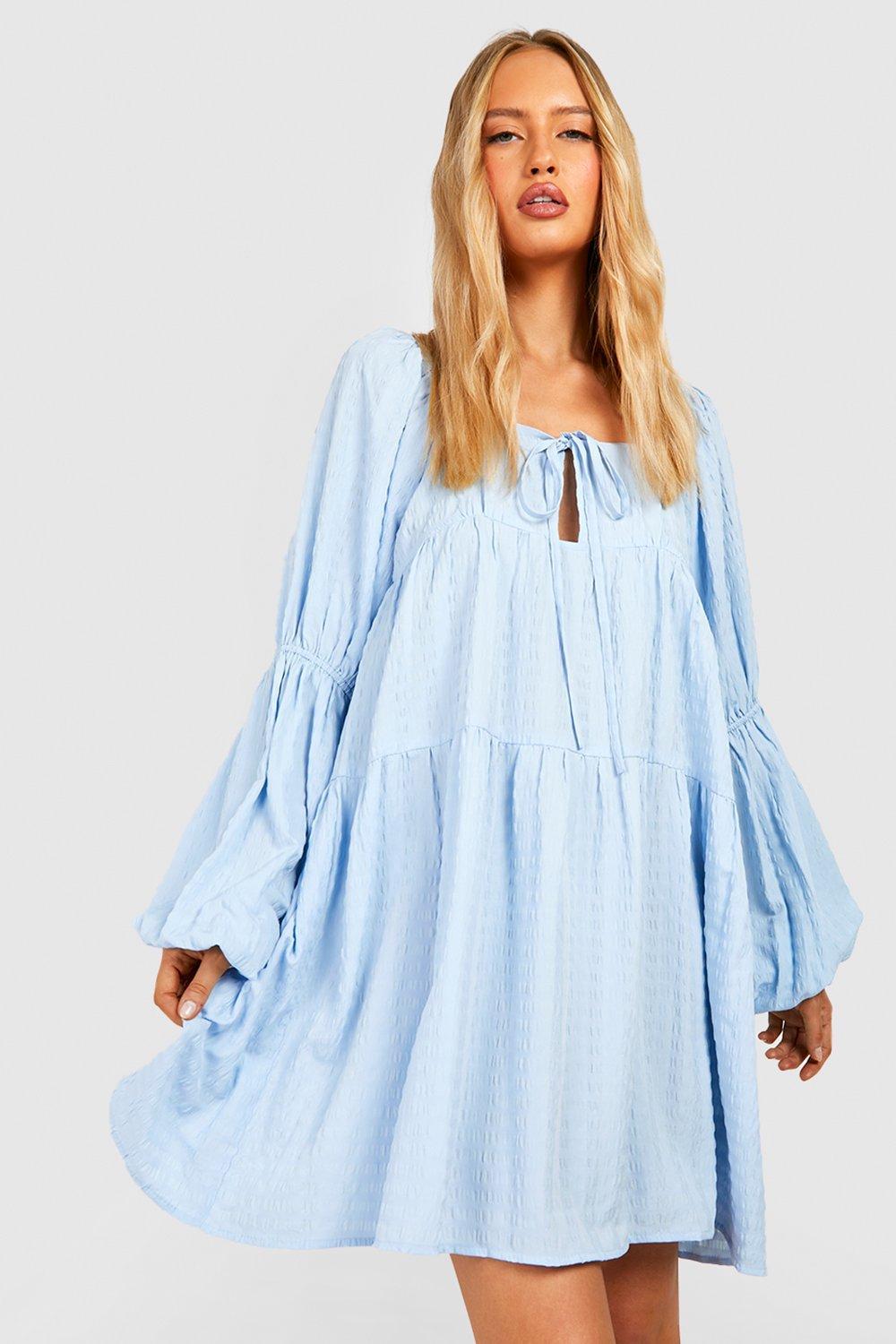 Boohoo Tall Halter Puff Sleeve Seersucker Texture Smock Dress in Blue ...