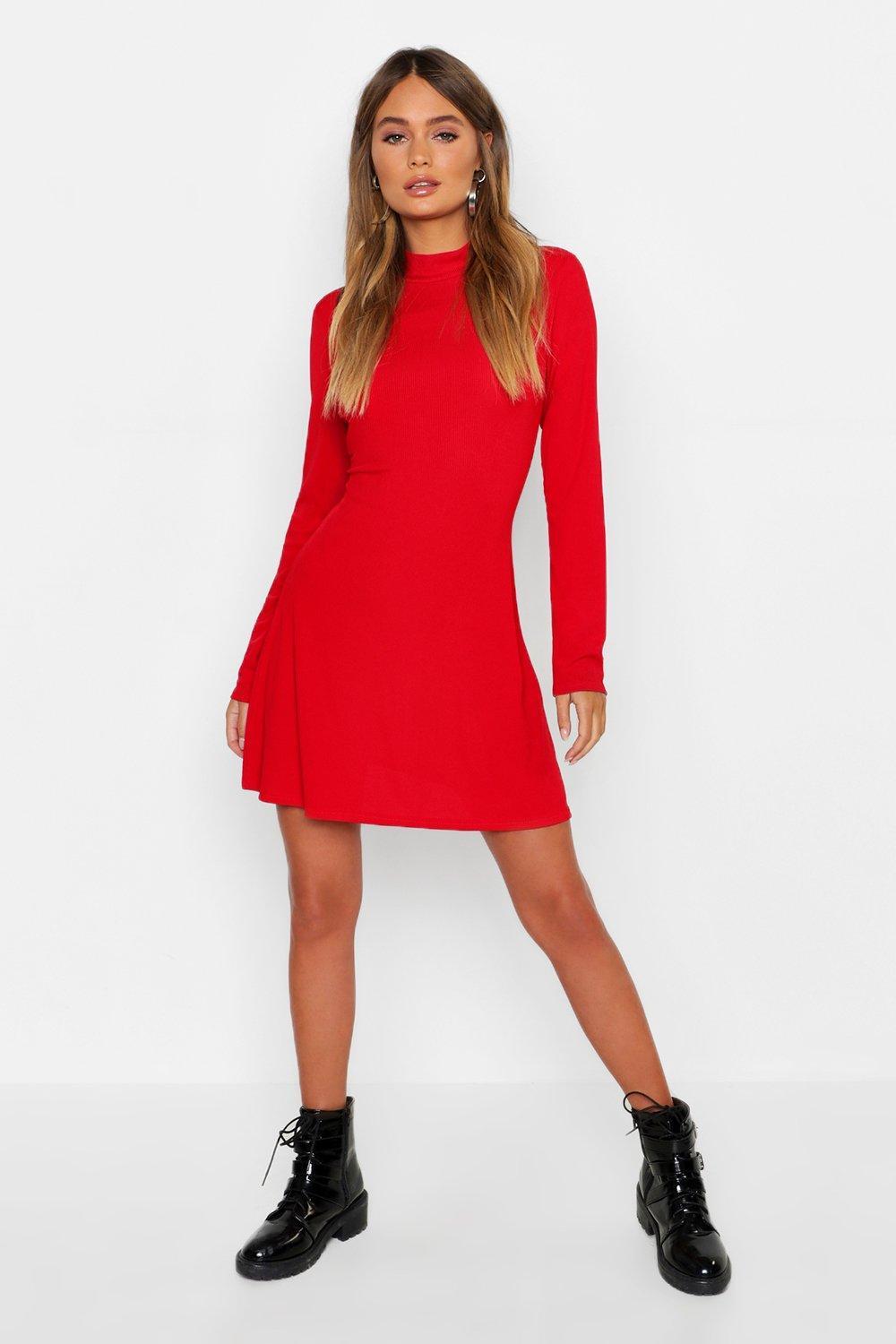 red high neck long sleeve dress