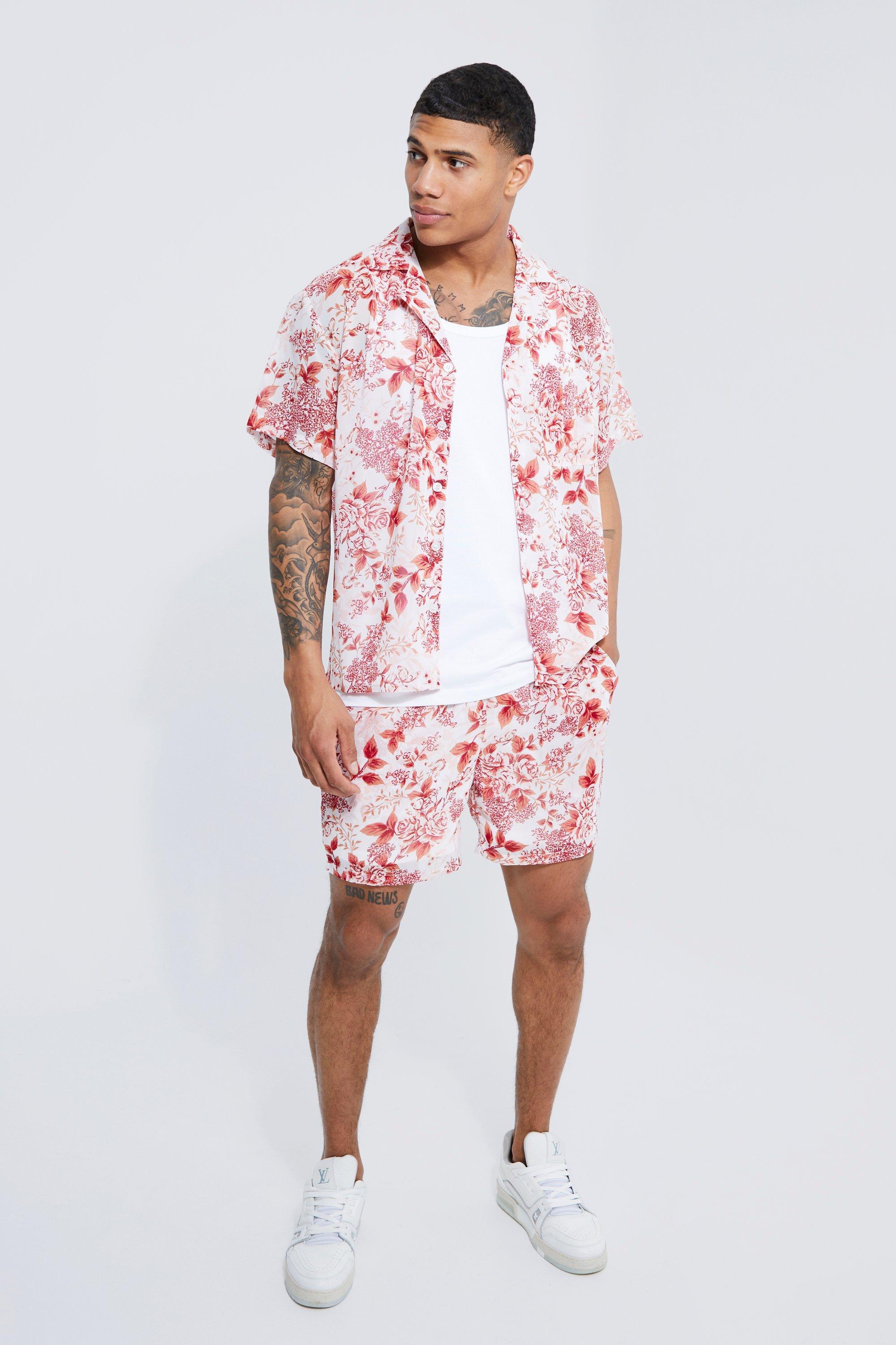 BoohooMAN Short Sleeve Floral Shirt And Short Set in Red for Men | Lyst