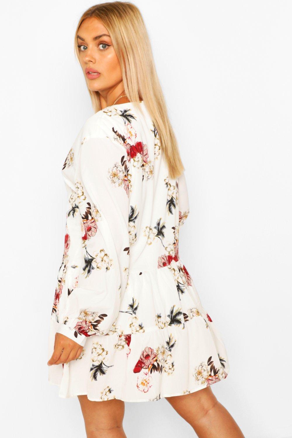 Boohoo Womens Ladies Debbie Floral V Neck Smock Dress In Cream | eBay