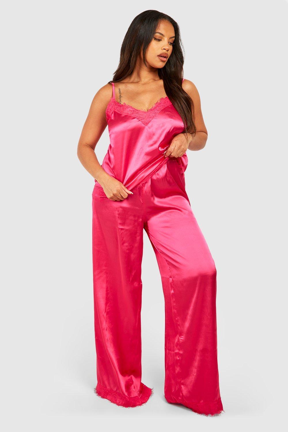 Boohoo Plus Satin Lace Contrast Trim Pj Trouser Set in Red Lyst
