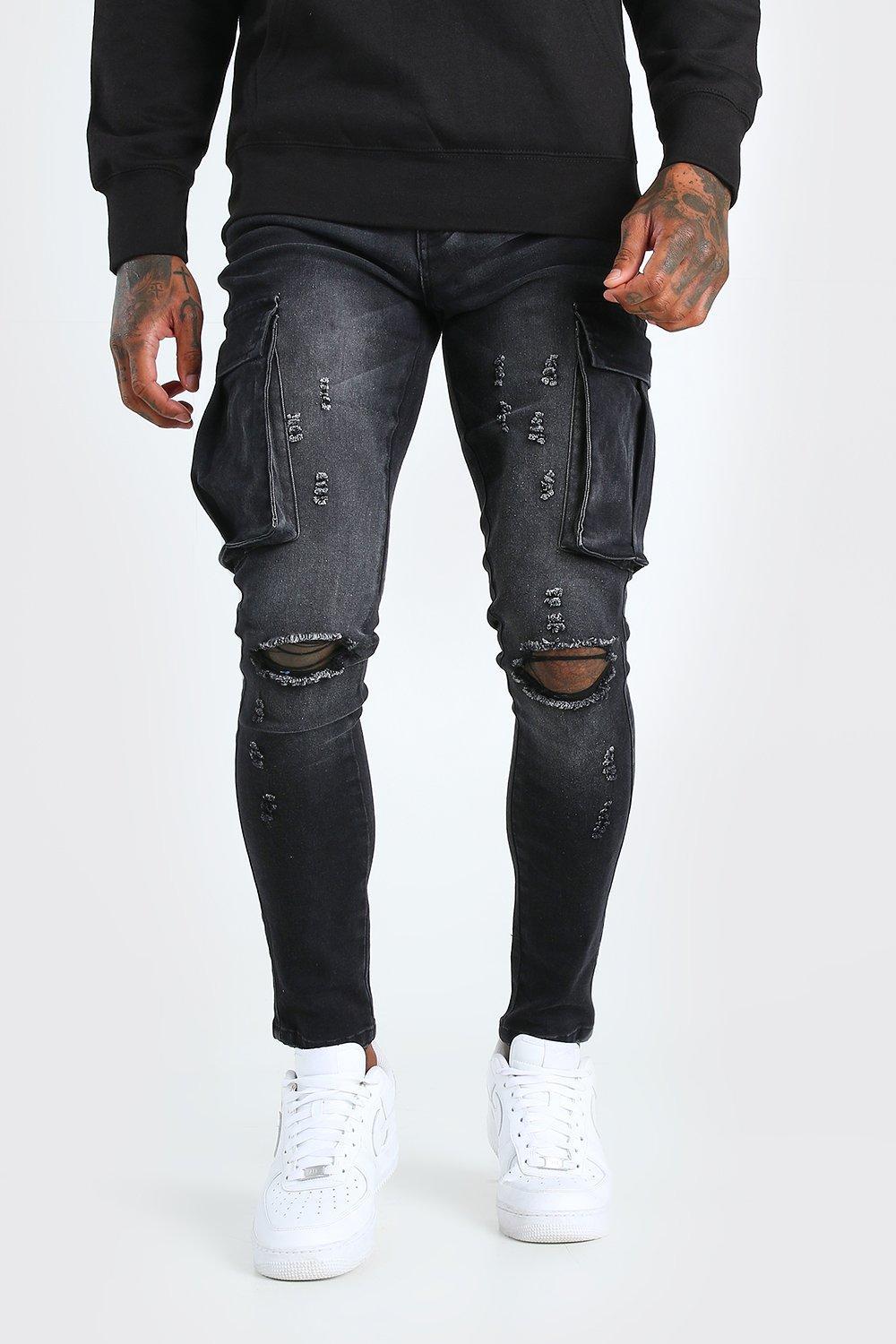 Boohoo Super Skinny Cargo Jean With Knee Rips in Black for Men | Lyst
