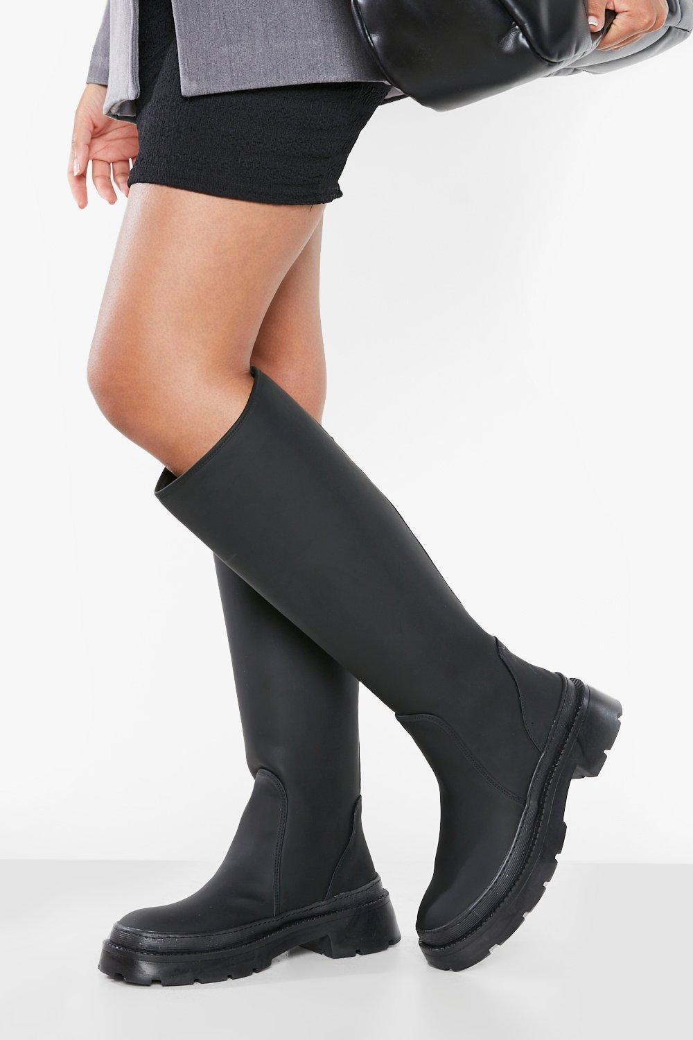Boohoo Knee High Rubber Boots in Black | Lyst