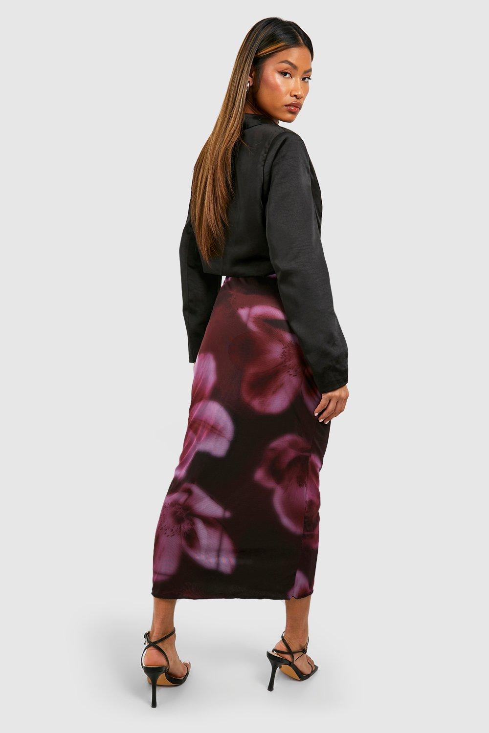 Blurred Floral Printed Mesh Bandeau & Split Midi Skirt